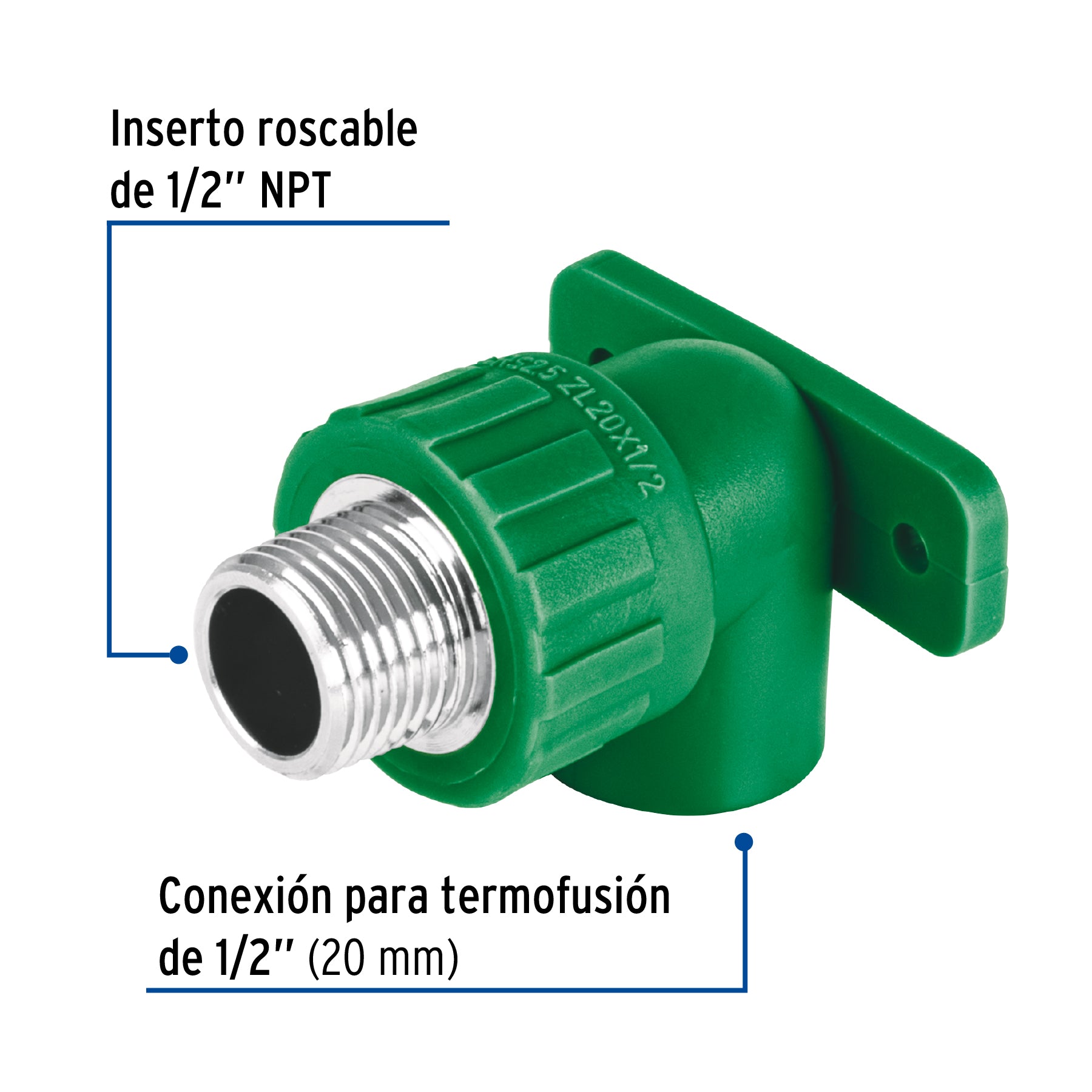 Codo oreja 90° PPR,  1/2', macho con inserto metálico, Foset