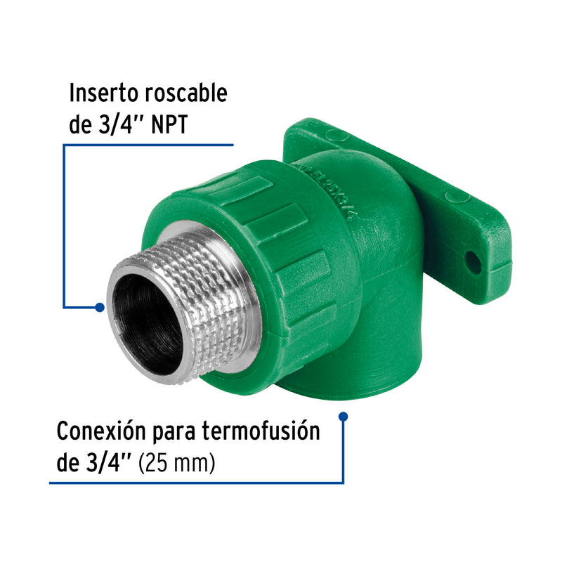 Codo oreja 90° PPR,  3/4', macho con inserto metálico, Foset