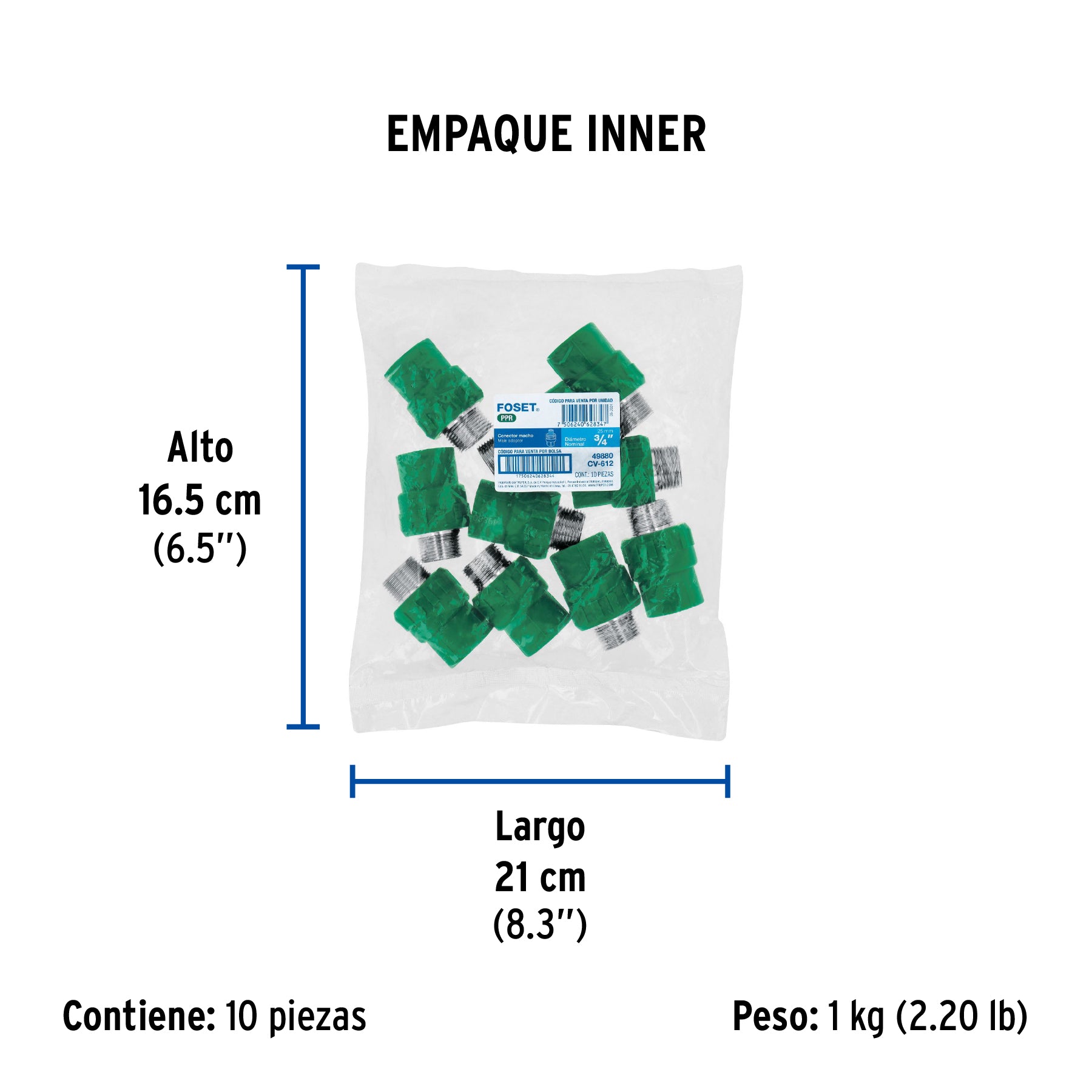 Conector de PPR, 3/4", 25mm, macho
