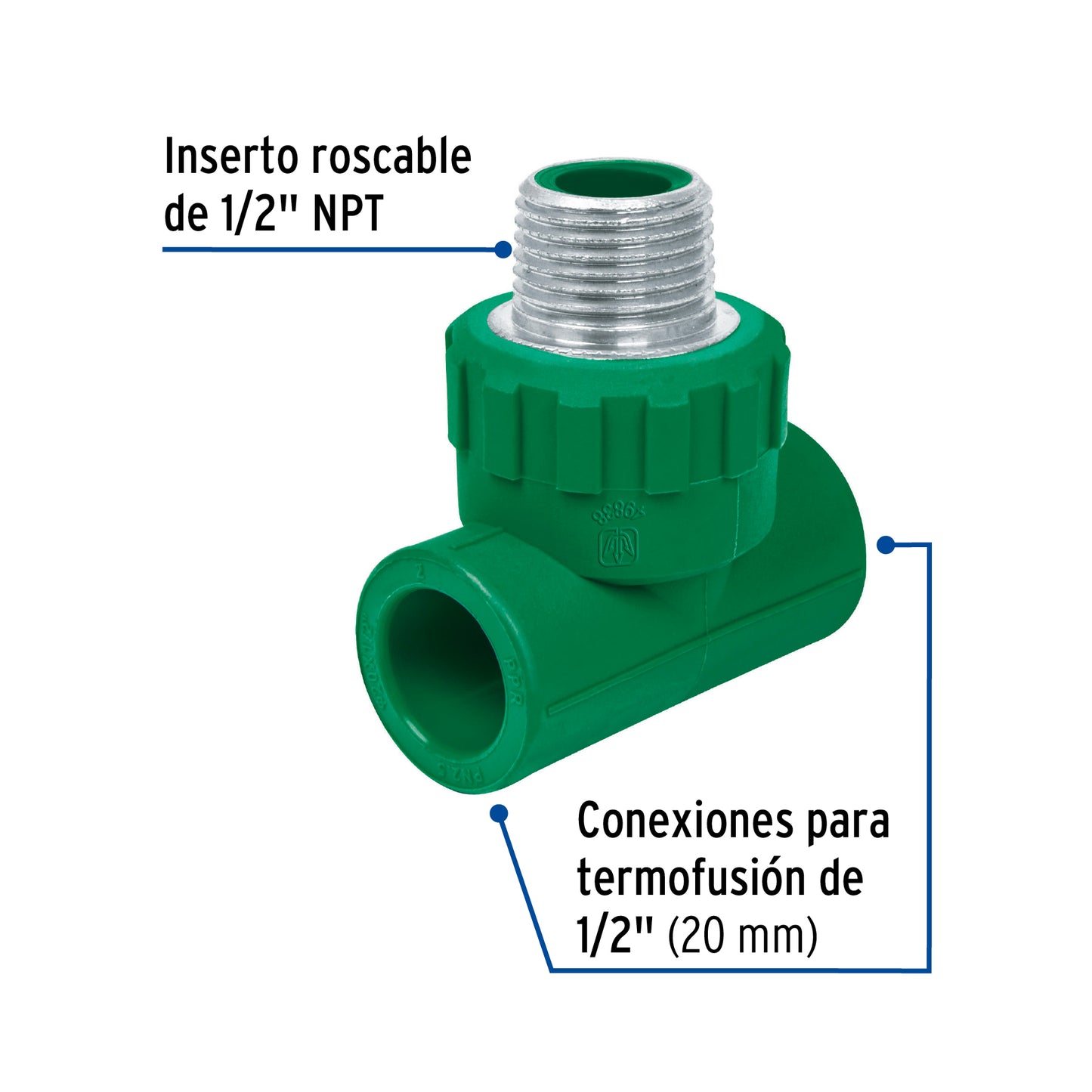 Tee macho de  PPR, 1/2 con inserto metálico, Foset