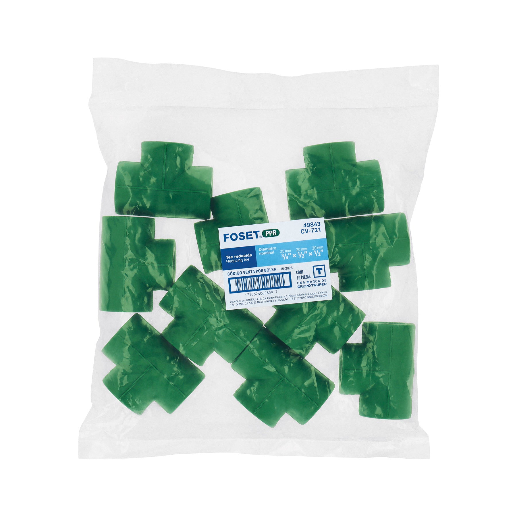 Tee de PPR reducida, 3/4"x1/2"X1/2", 25x20x20mm