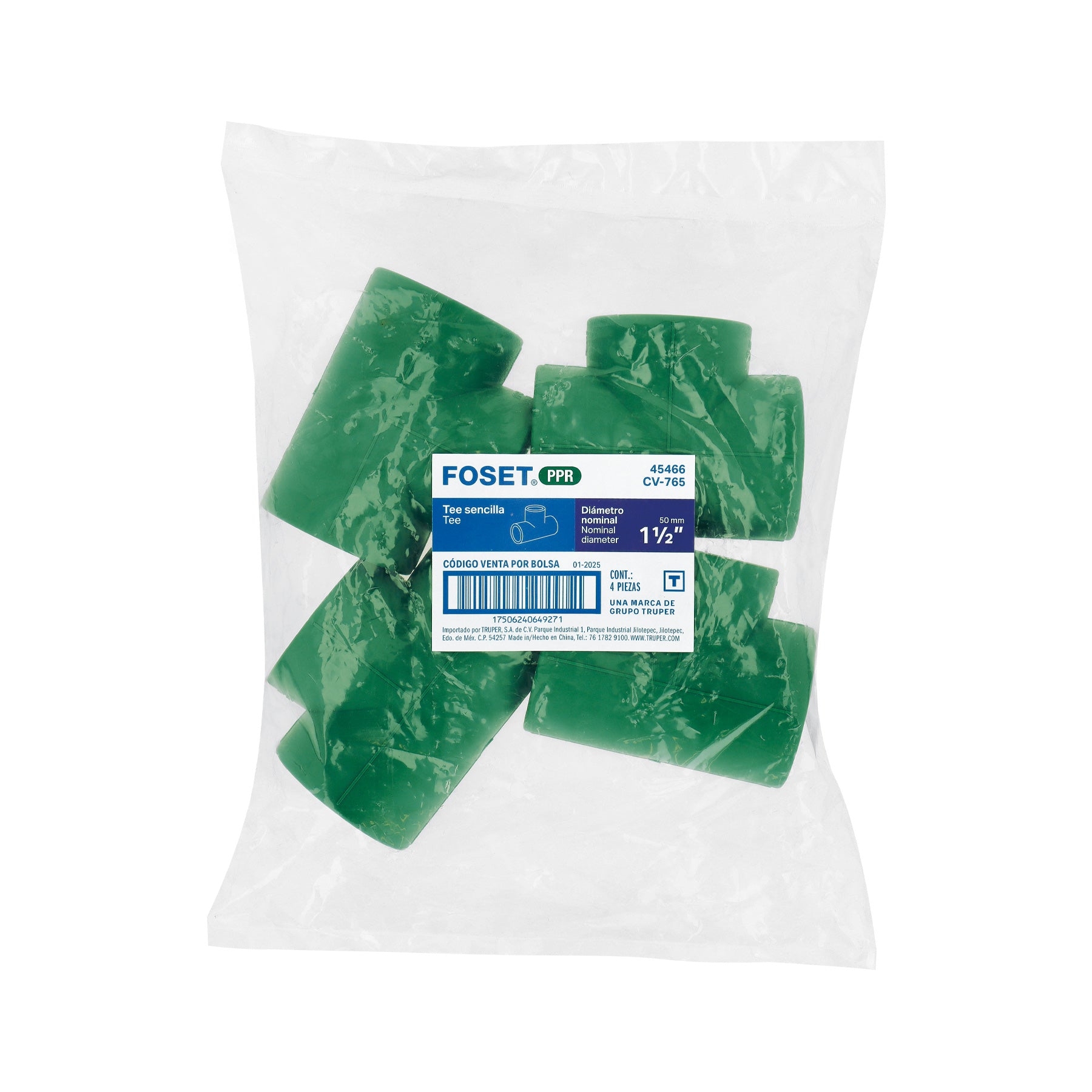 Tee de PPR sencilla, 1-1/2", 50mm