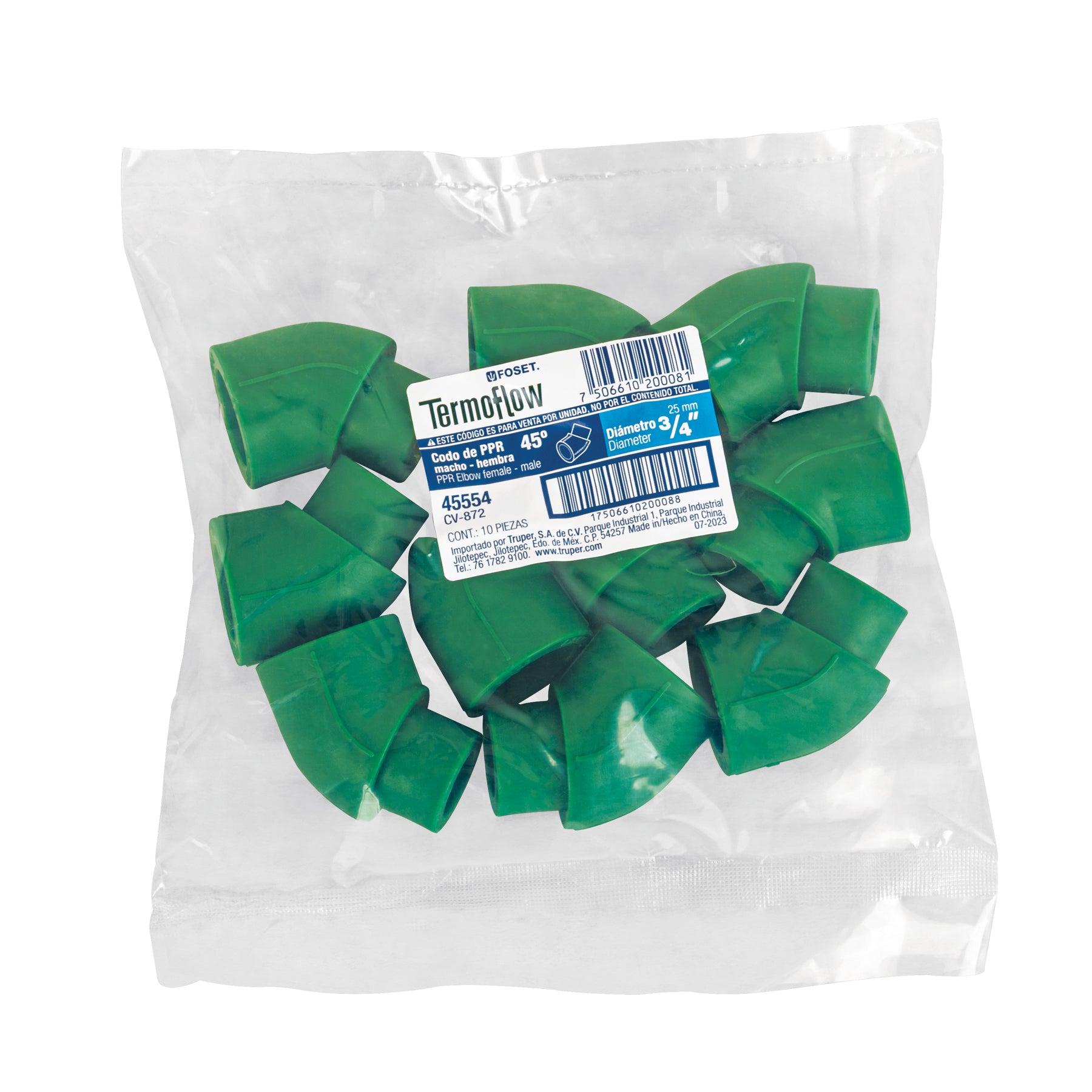 Codo 45° PPR,  3/4', macho-hembra, Foset