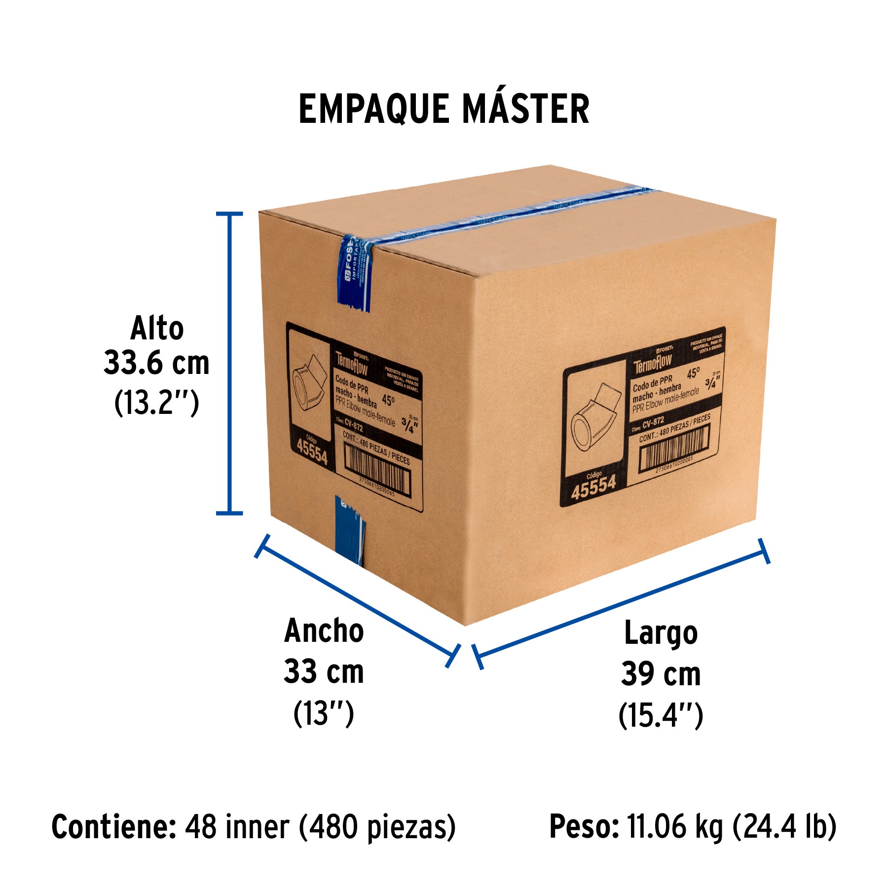 Codo 45° PPR,  3/4', macho-hembra, Foset