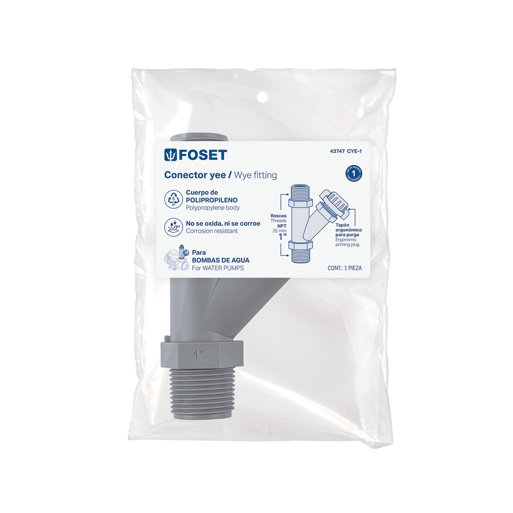 Conector Yee de polipropileno de 1' para bomba p/agua, FOSET