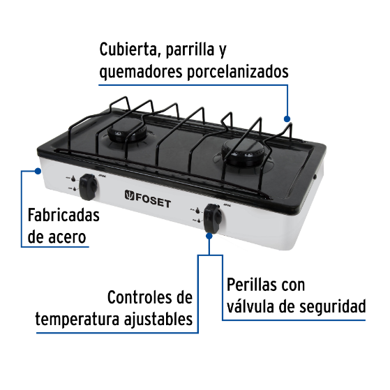 Parilla de gas, 2 quemadores, color blanco