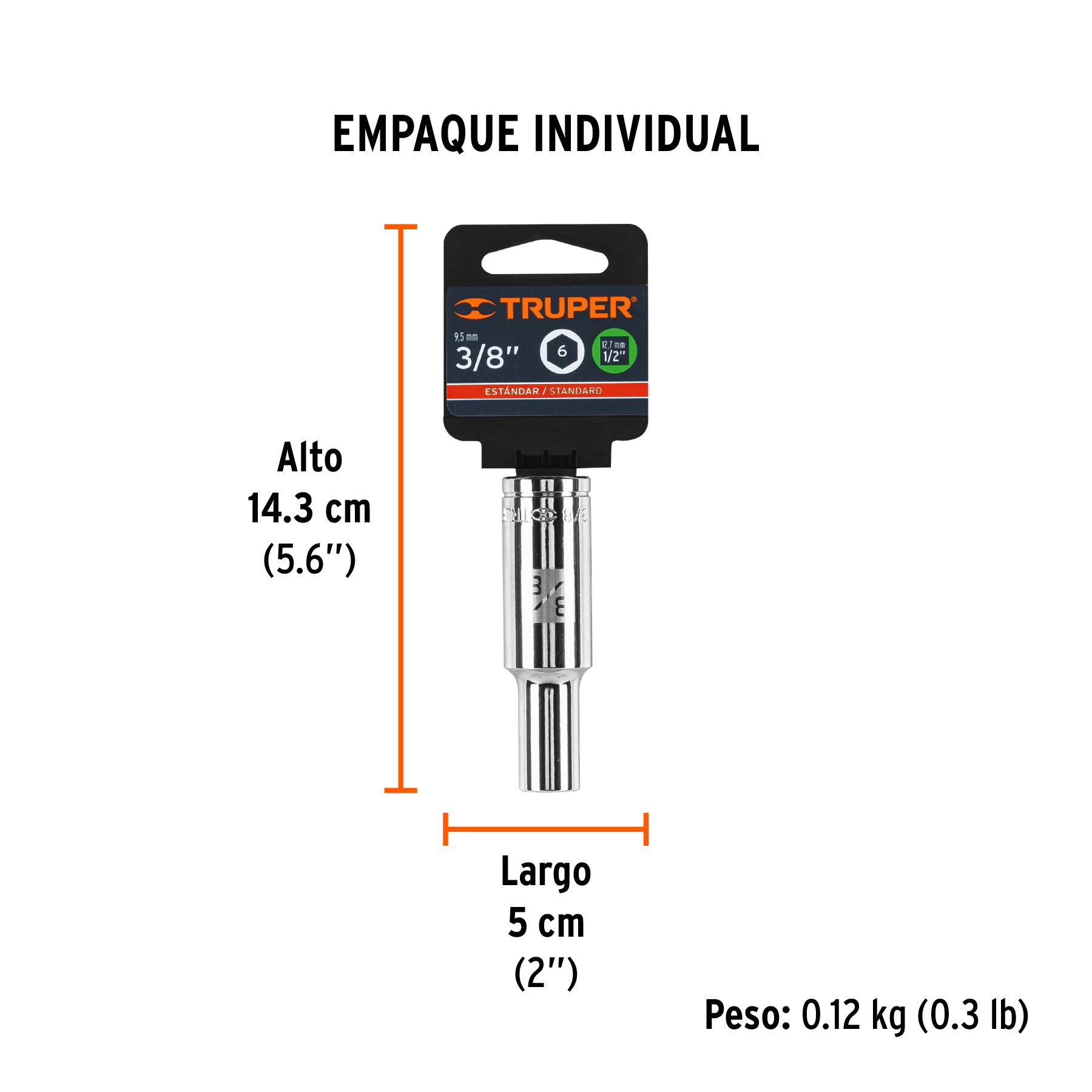 Dado de 6 puntas, largo, cuadro 1/2" de 3/8"