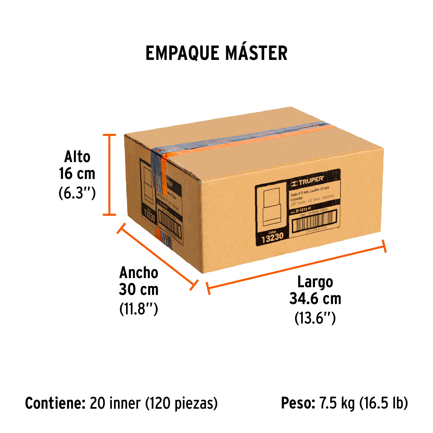 Dado de 6 puntas, cuadro 1/2" de 3/8"