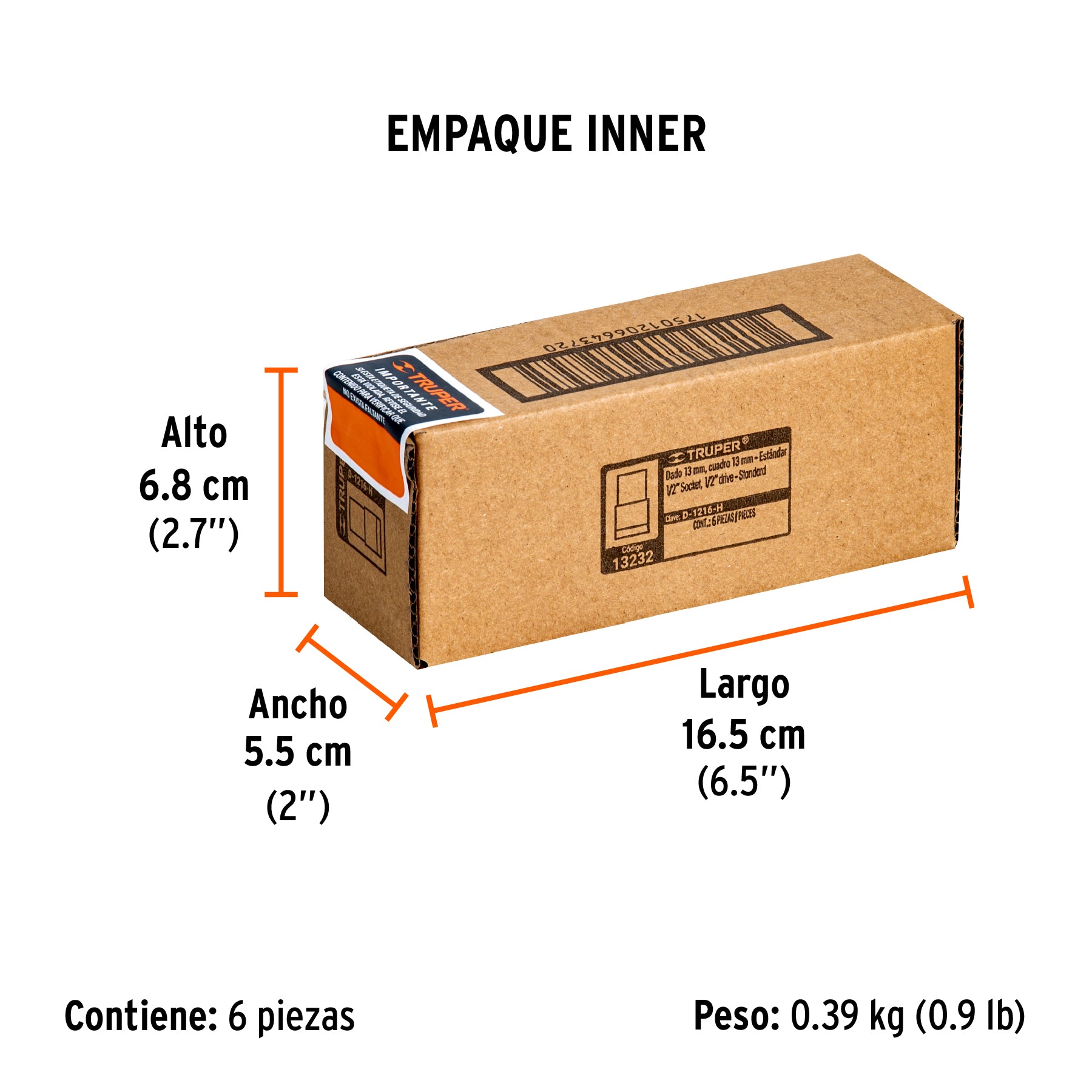 Dado de 6 puntas, cuadro 1/2" de 1/2"