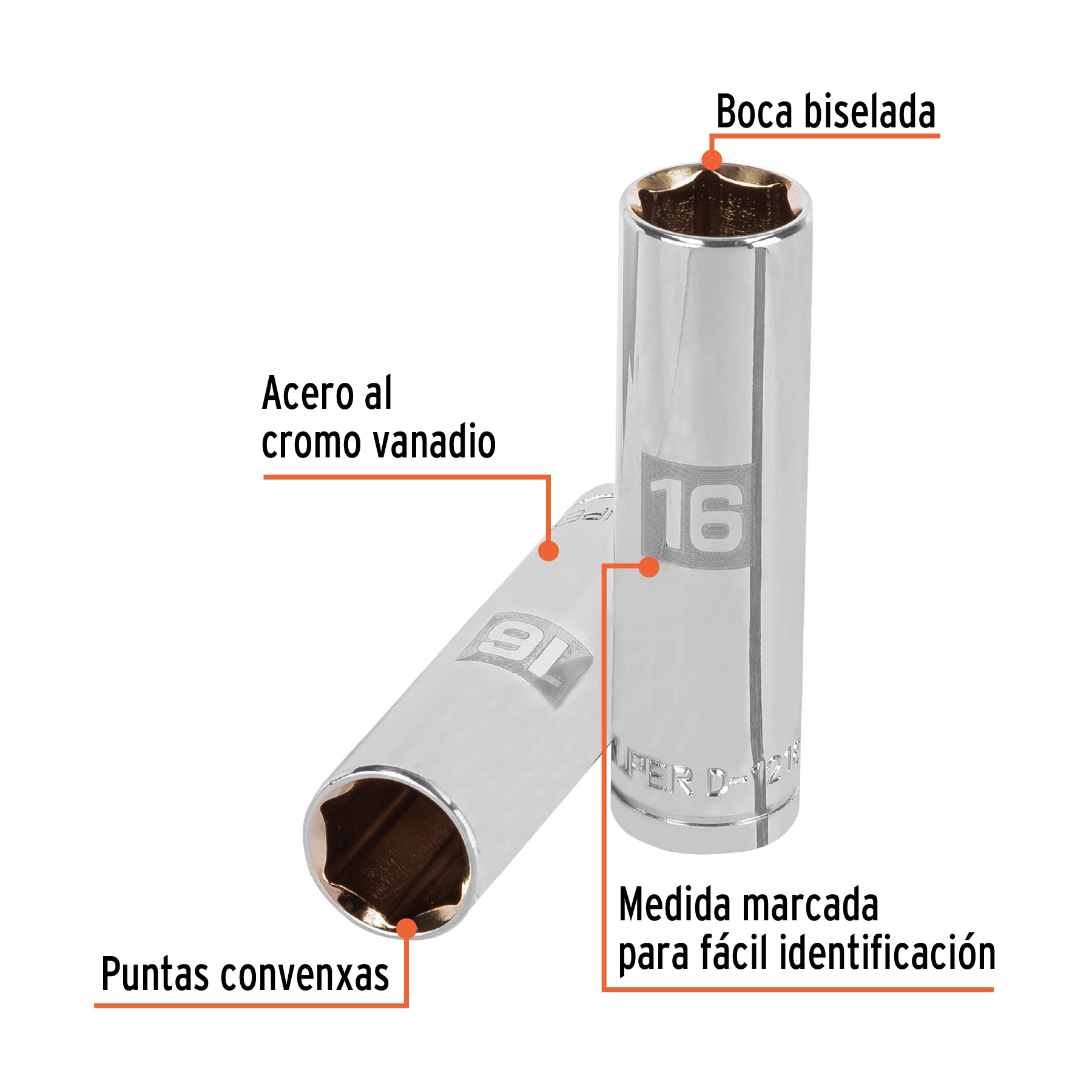Dado de 6 puntas, cuadro 1/2" de 16mm..