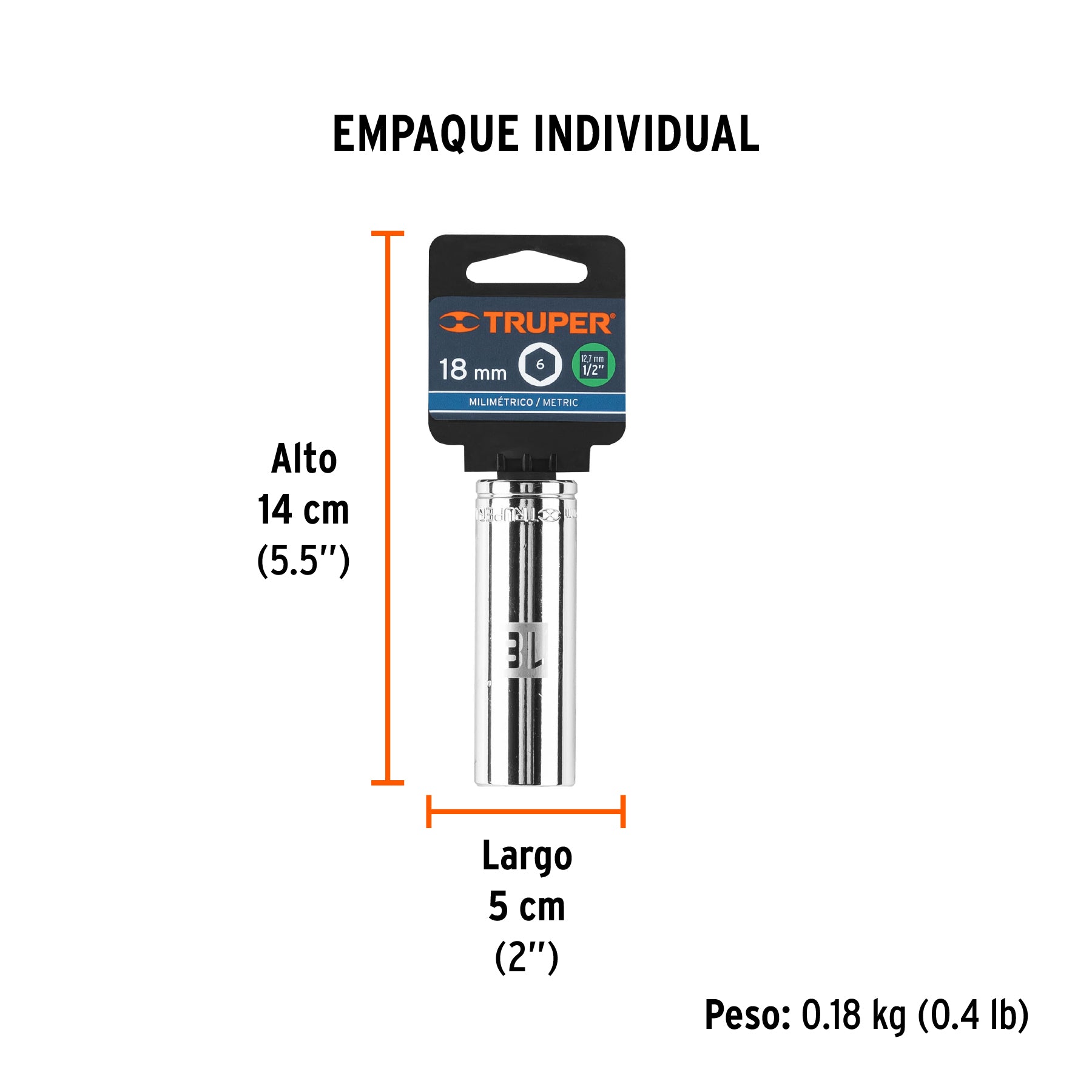 Dado de 6 puntas, cuadro 1/2" de 18mm..
