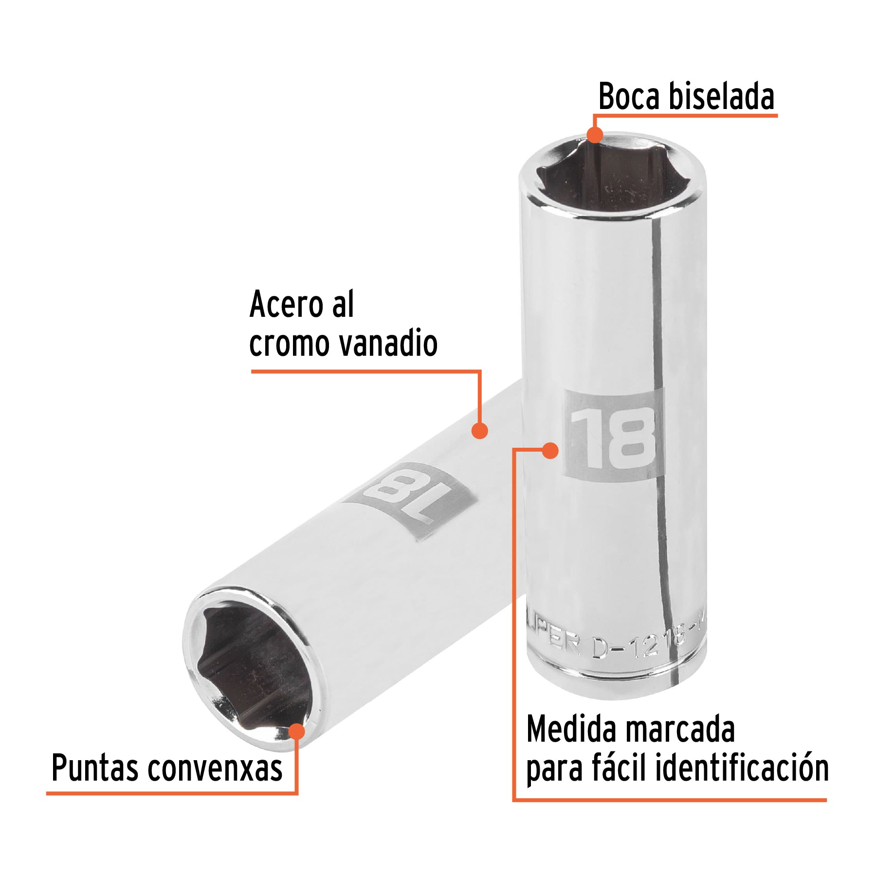 Dado de 6 puntas, cuadro 1/2" de 18mm..