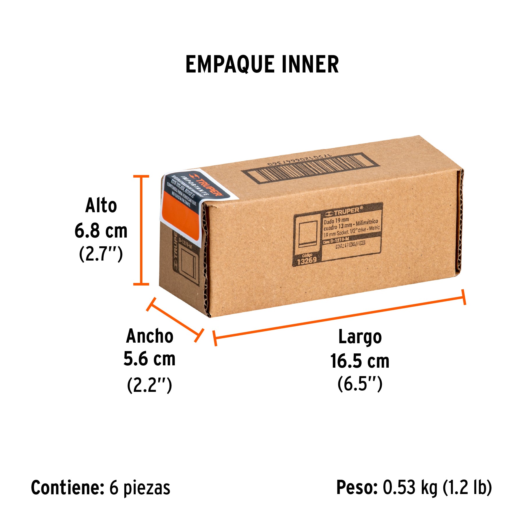 Dado de 6 puntas, cuadro 1/2" de 19mm