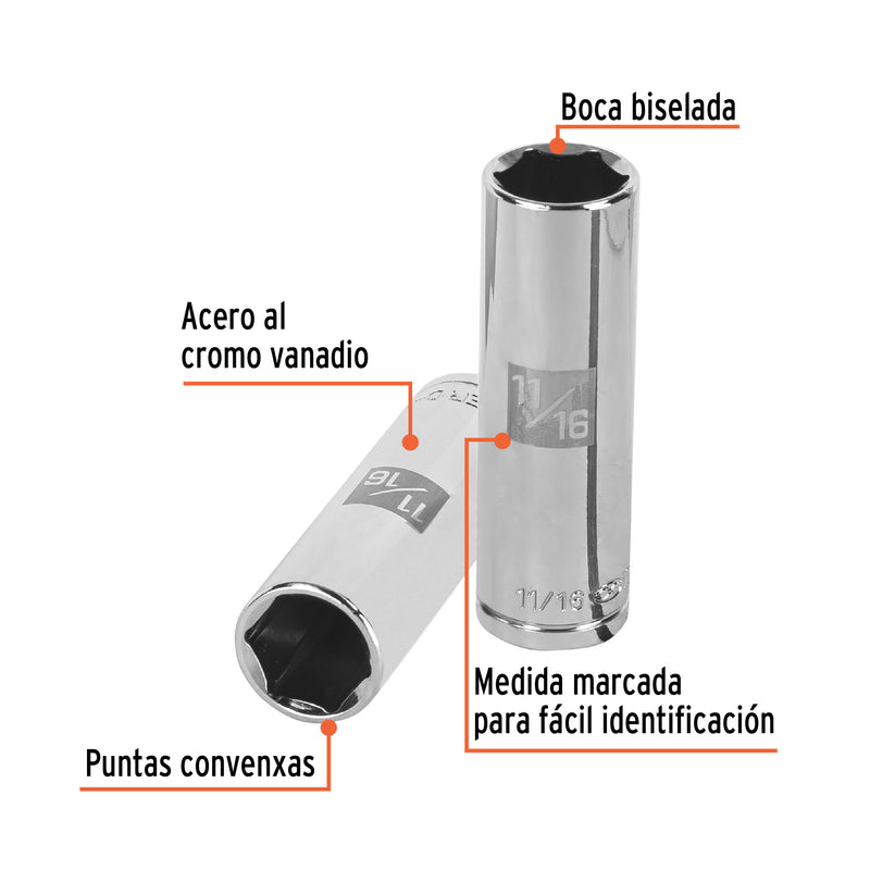 Dado de 6 puntas, largo, cuadro 1/2" standard, de 11/16"
