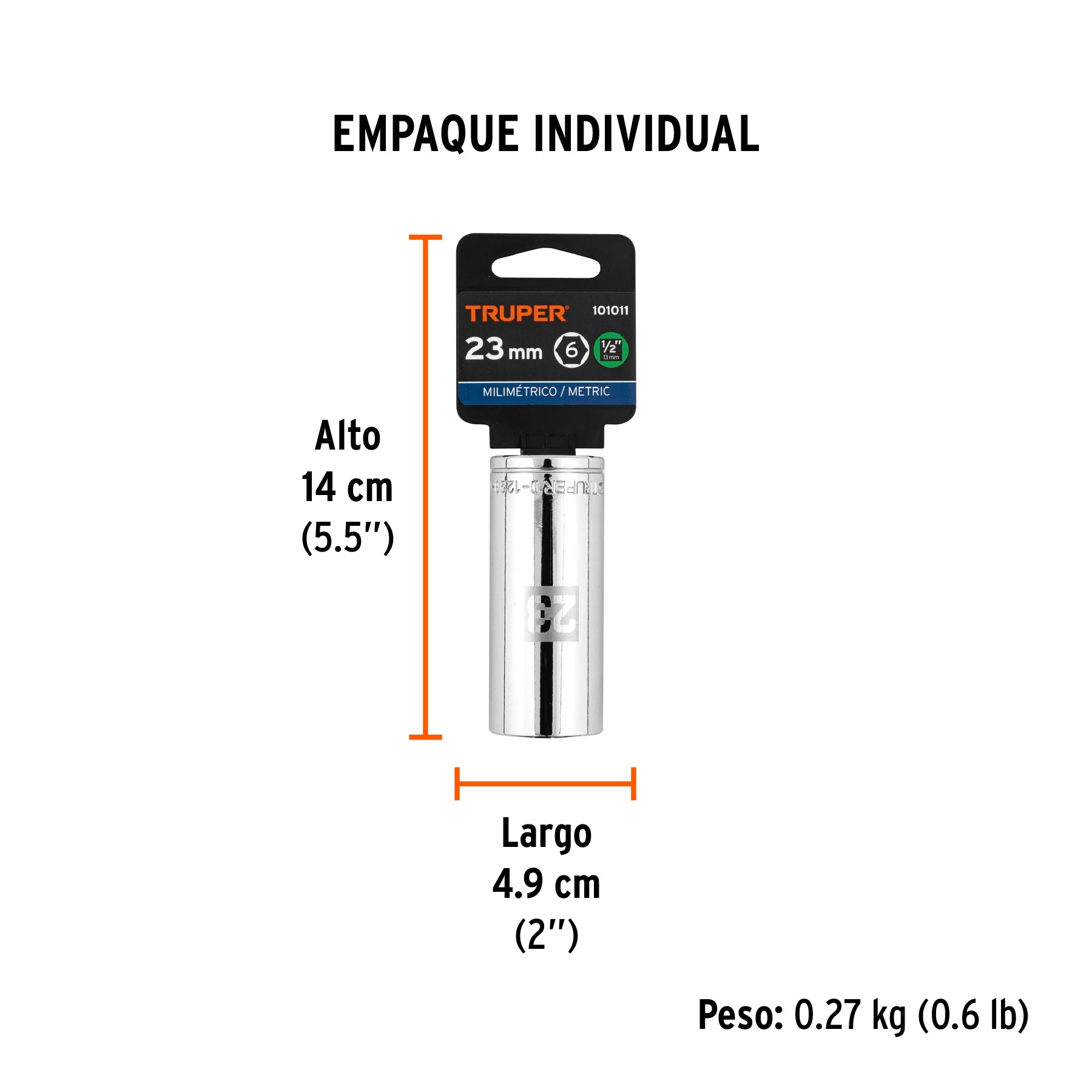 Dado largo de 23 mm, 6 puntas, cuadro 1/2', Truper