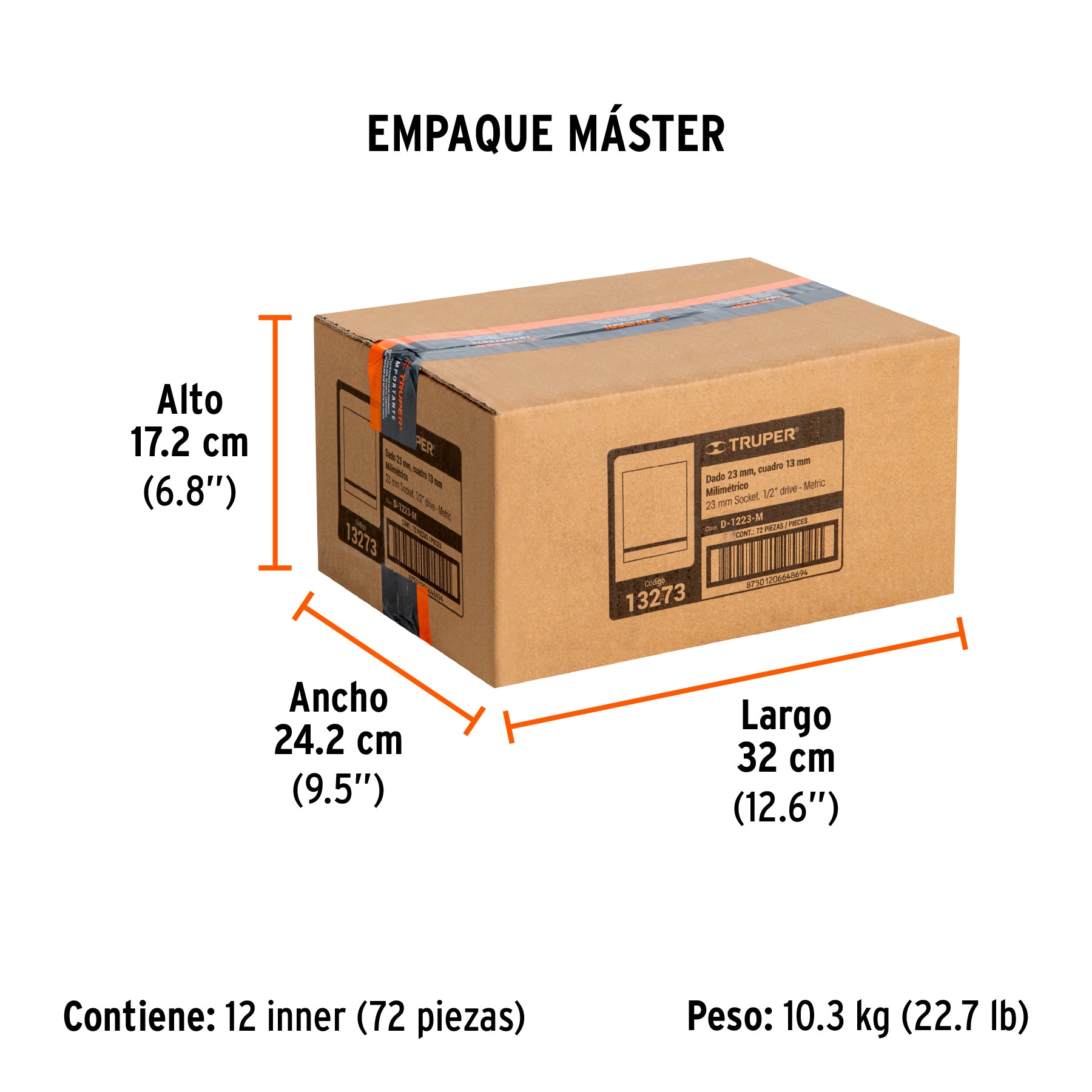Dado de 6 puntas, cuadro 1/2" de 23mm