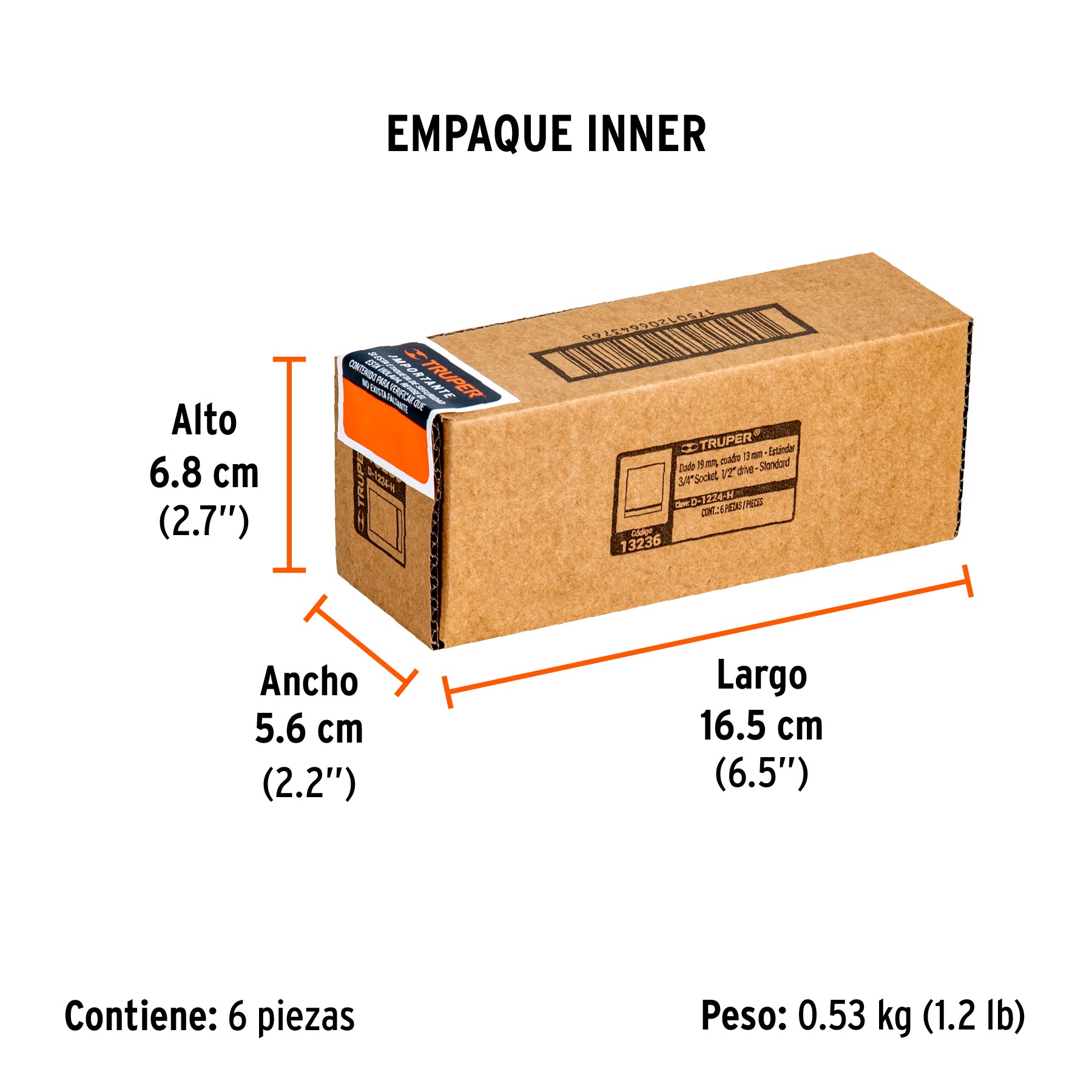 Dado de 6 puntas, cuadro 1/2" de 3/4"