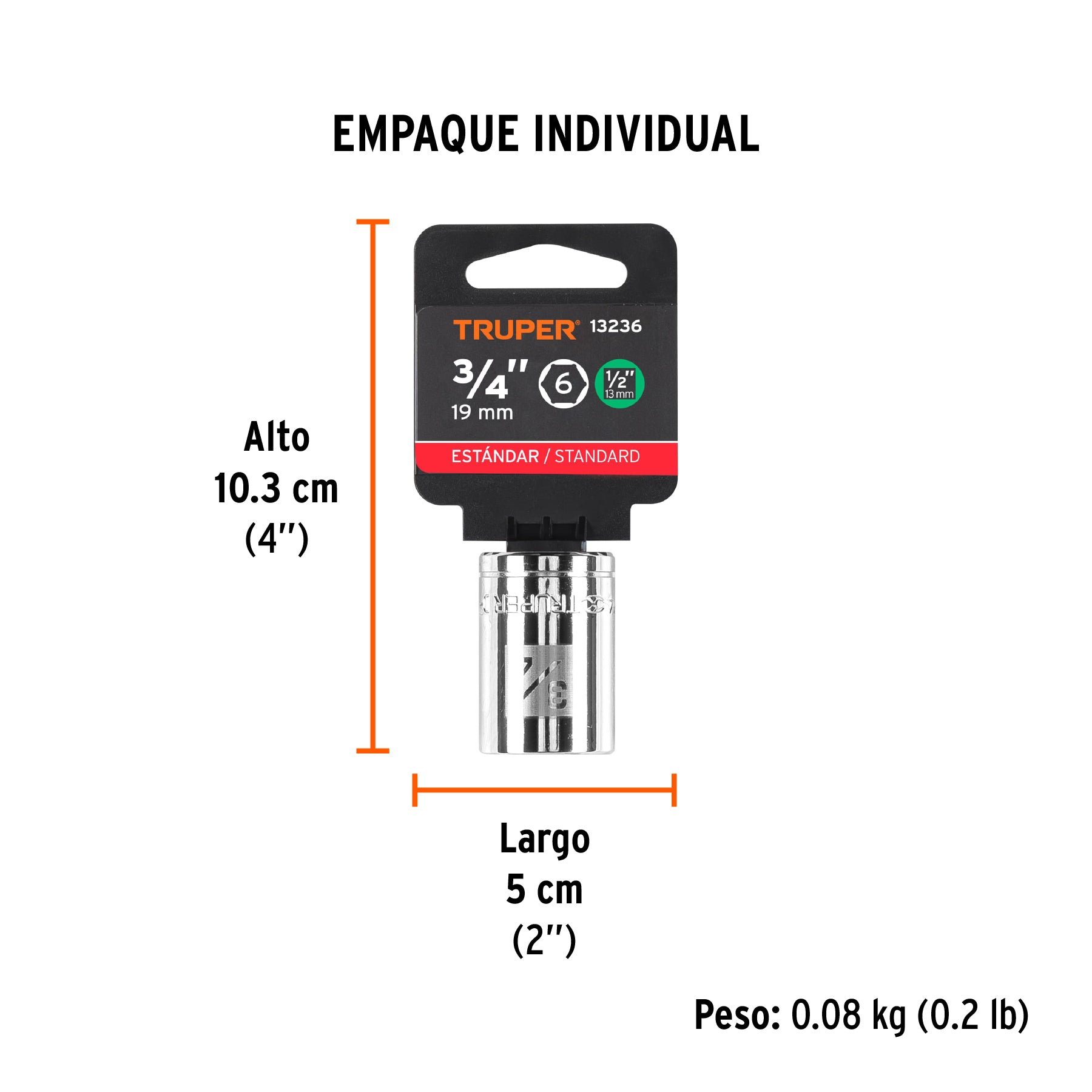 Dado de 6 puntas, cuadro 1/2" de 3/4"