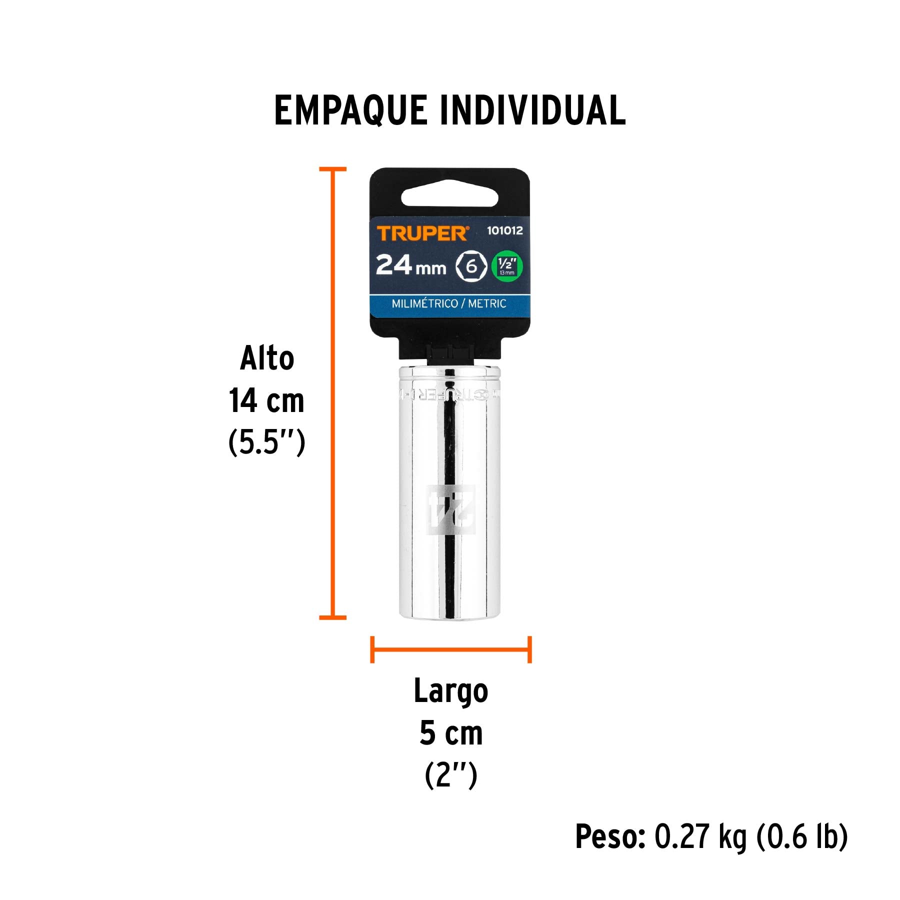 Dado largo de 24 mm, 6 puntas, cuadro 1/2', Truper