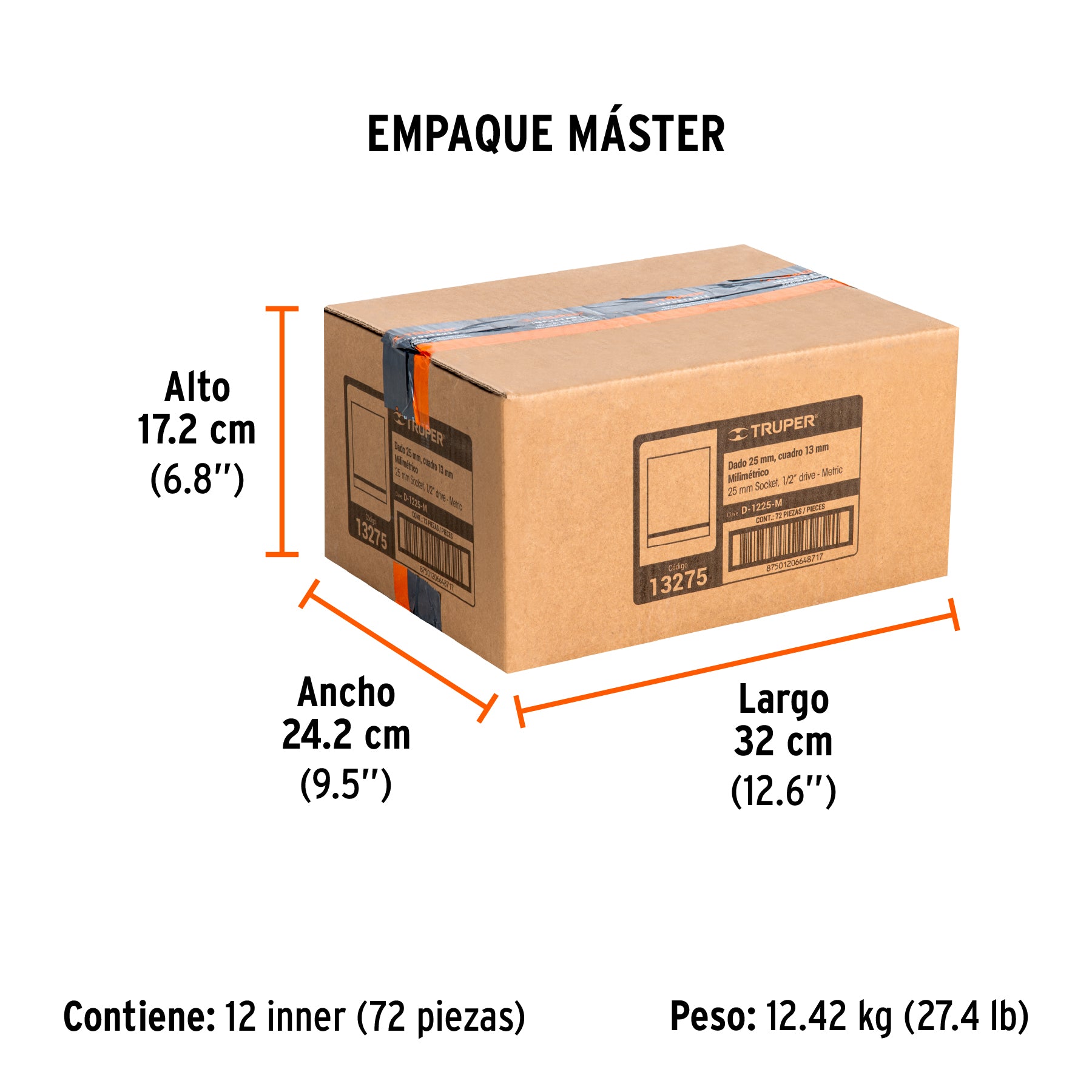Dado de 6 puntas, cuadro 1/2" de 25mm