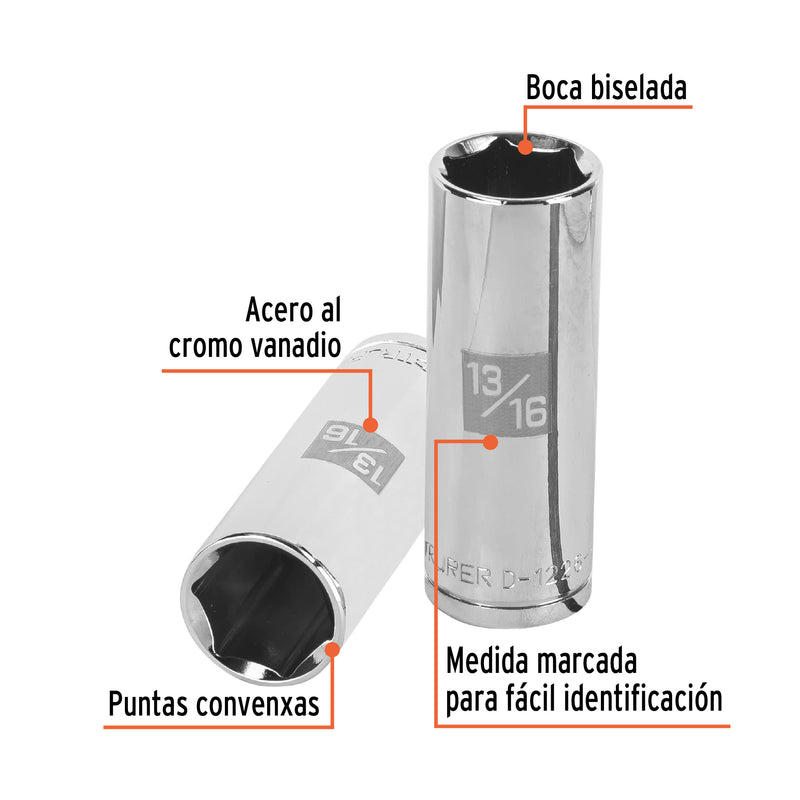 Dado de 6 puntas, largo, cuadro 1/2" de 13/16"