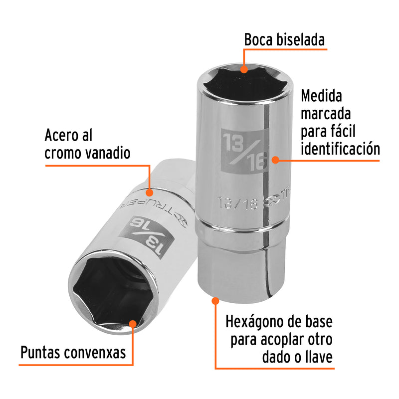 Dado de 6 puntas largas de 13/16" para bujías, cuadro 1/2"