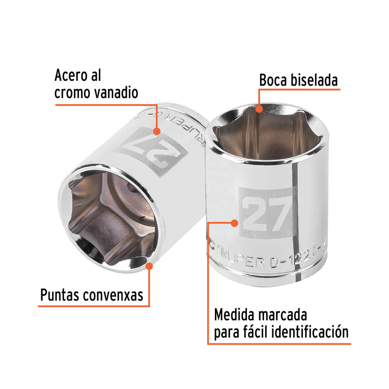 Dado de 27 mm, 6 puntas, cuadro 1/2', Truper
