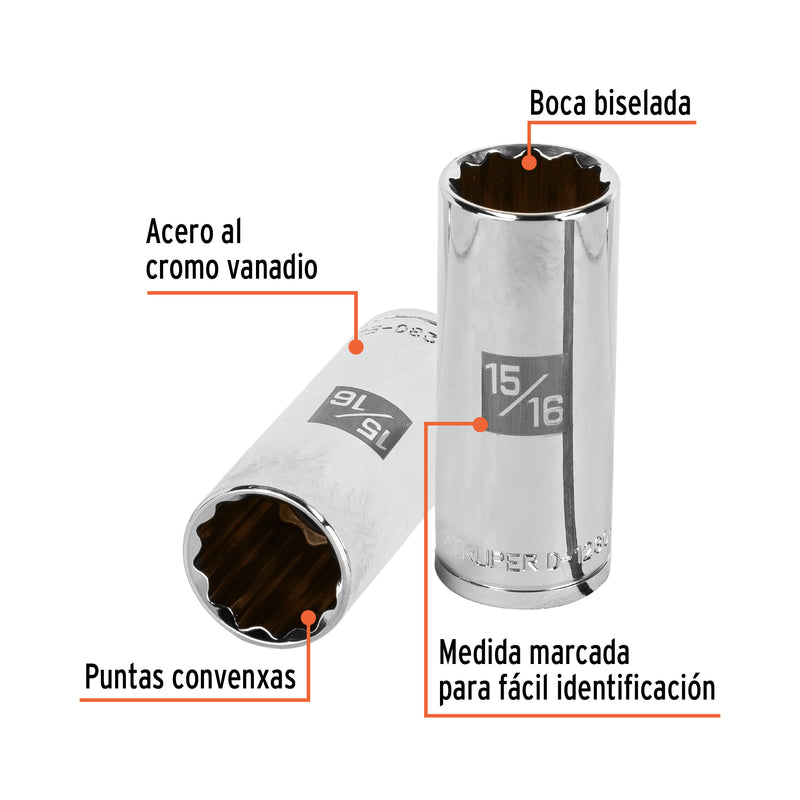 Dado de 12 puntas, largo, cuadro 1/2" de 15/16"