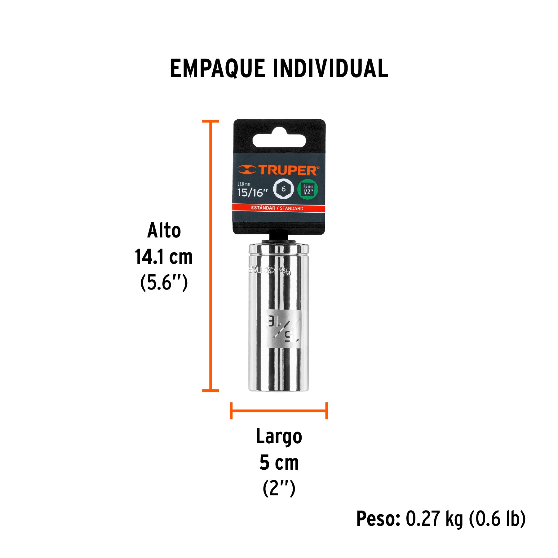 Dado de 6 puntas, largo, cuadro 1/2" de 15/16"