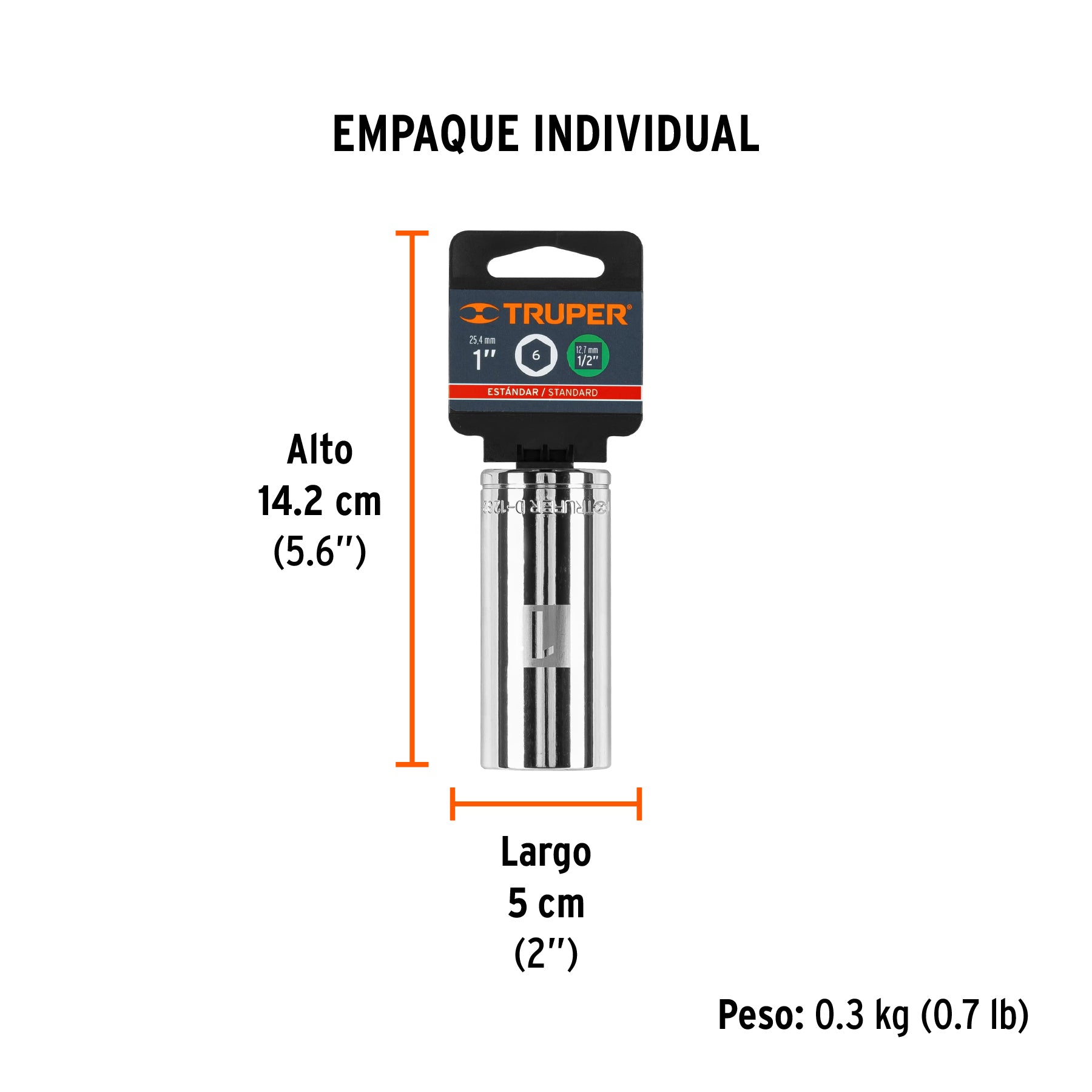 Dado de 6 puntas, largo, cuadro 1/2" de 1"