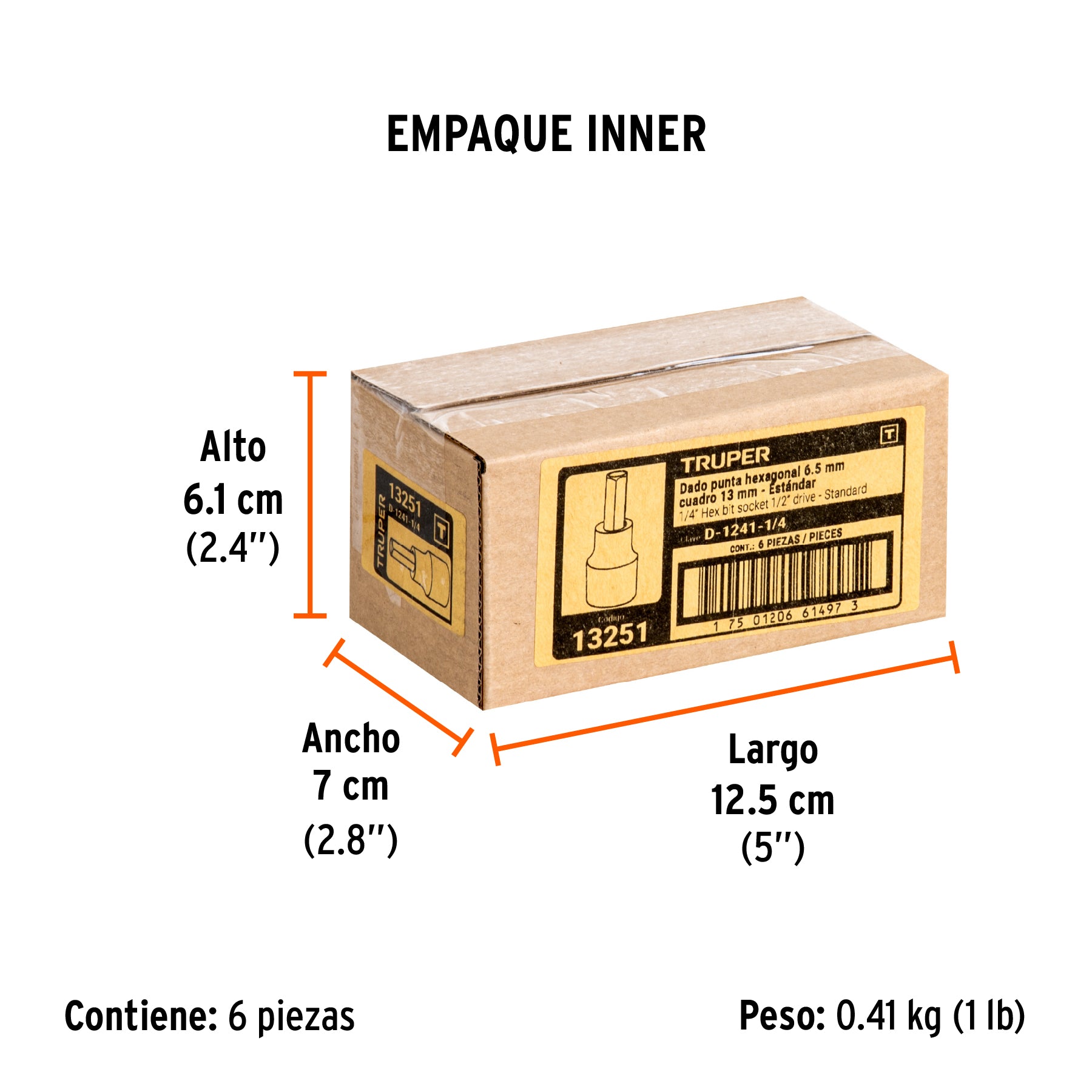 Dados de punta hexagonal, cuadro 1/2" de 1/4"