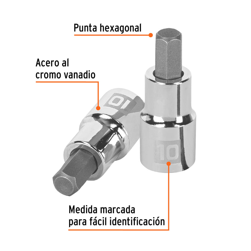 Dados de punta hexagonal, cuadro 1/2" de 10mm.