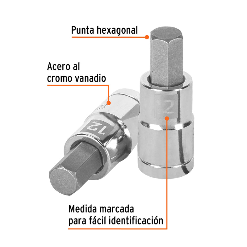 Dados de punta hexagonal, cuadro 1/2" de 12mm.