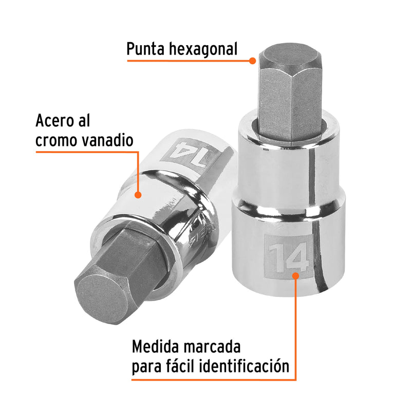 Dados de punta hexagonal, cuadro 1/2" de 14mm.