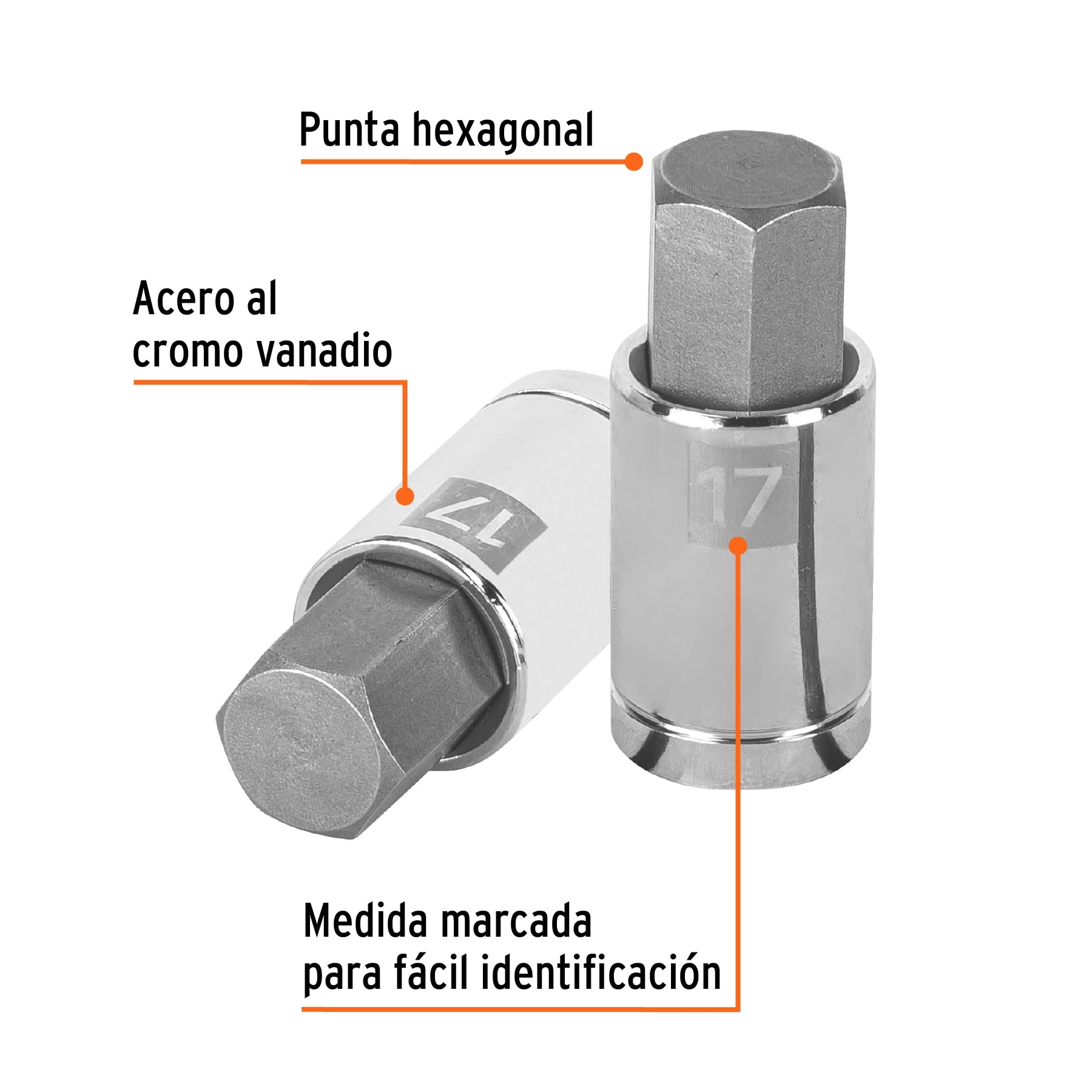 Dados de punta hexagonal, cuadro 1/2" de 17mm.
