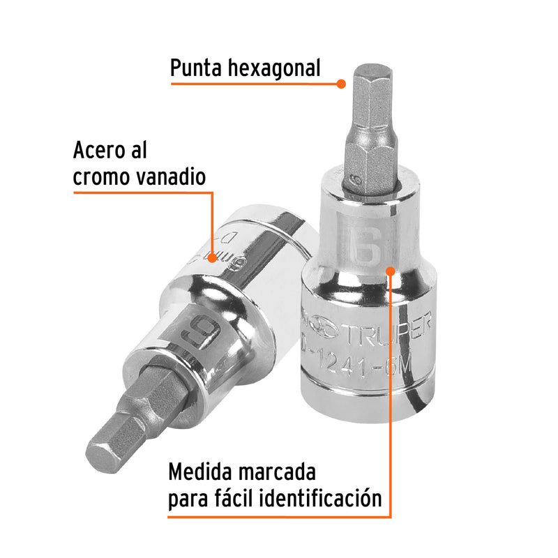 Dados de punta hexagonal, cuadro 1/2" de 6mm.