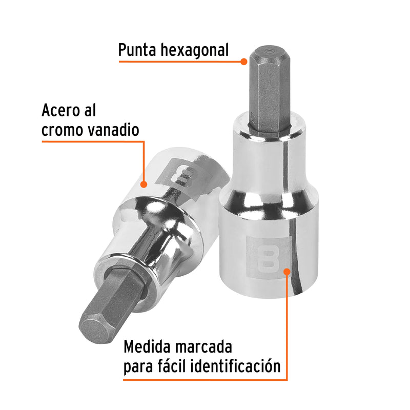 Dados de punta hexagonal, cuadro 1/2" de 8mm.