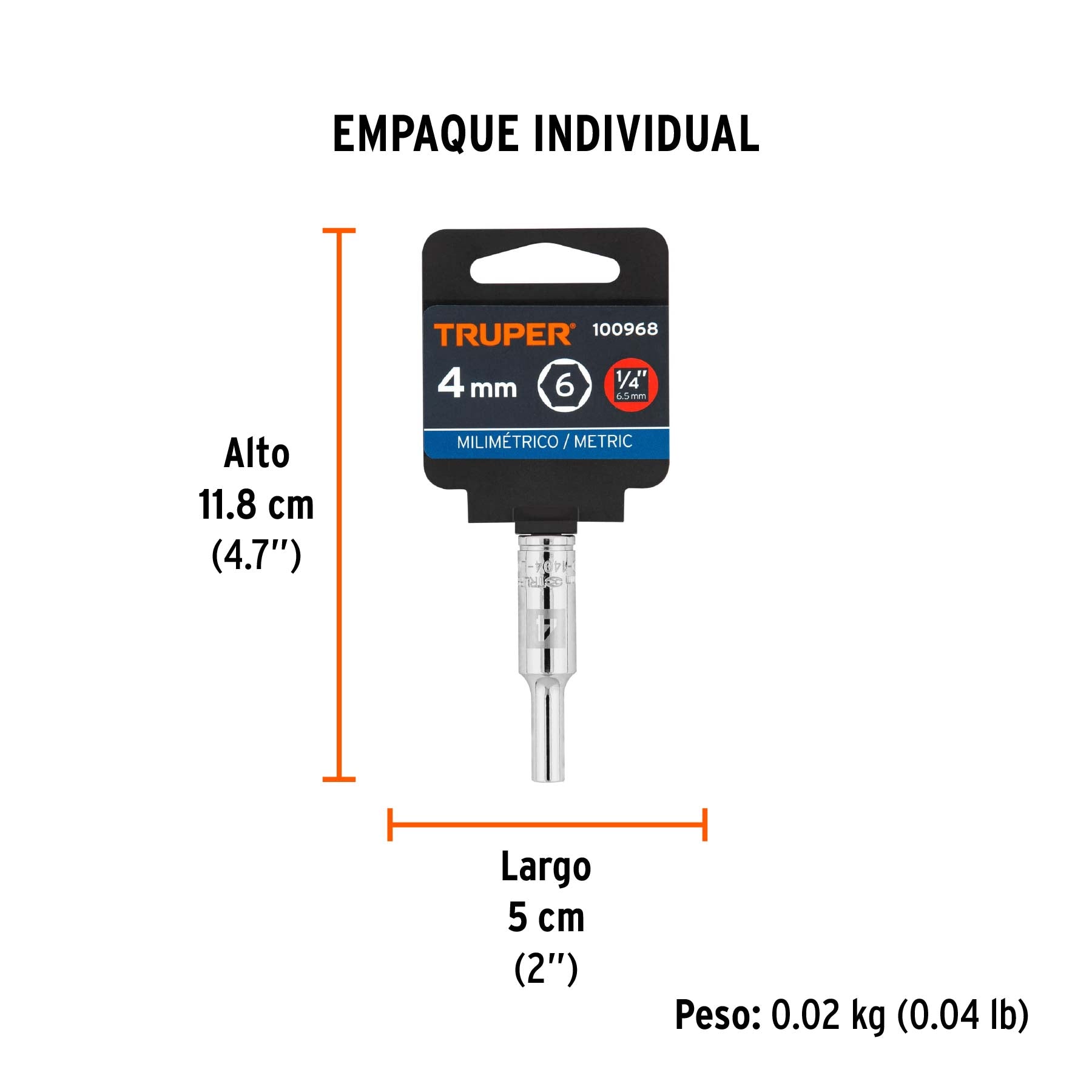Dado largo de 4 mm, 6 puntas, cuadro 1/4', Truper