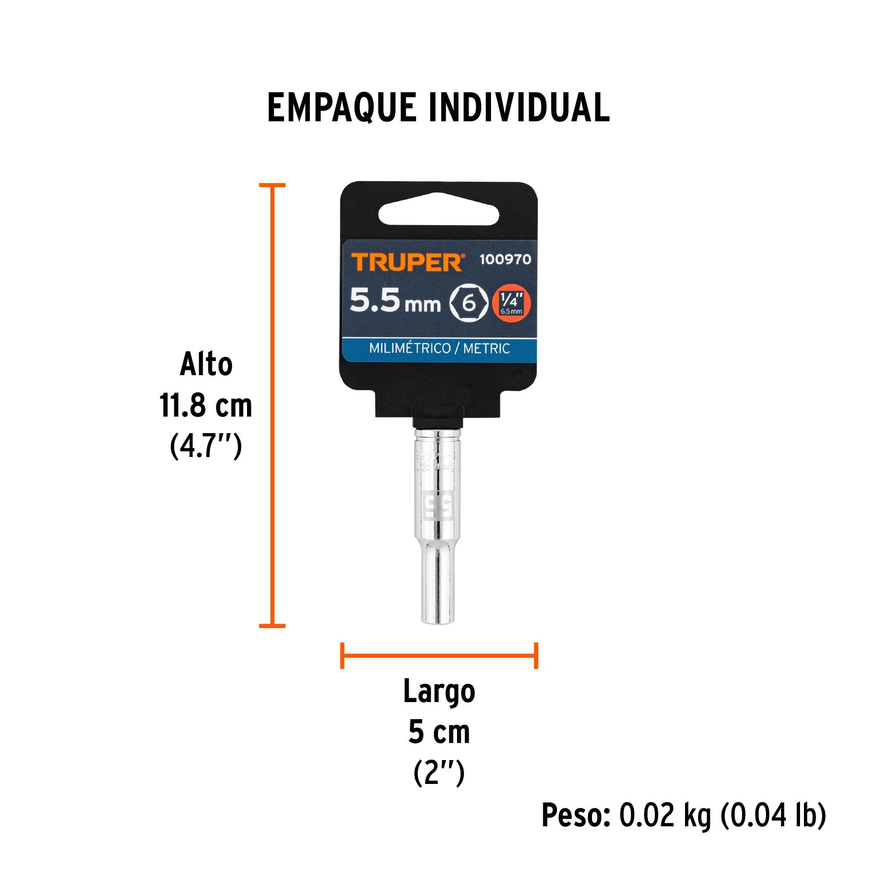 Dado largo de 5.5 mm, 6 puntas, cuadro 1/4', Truper