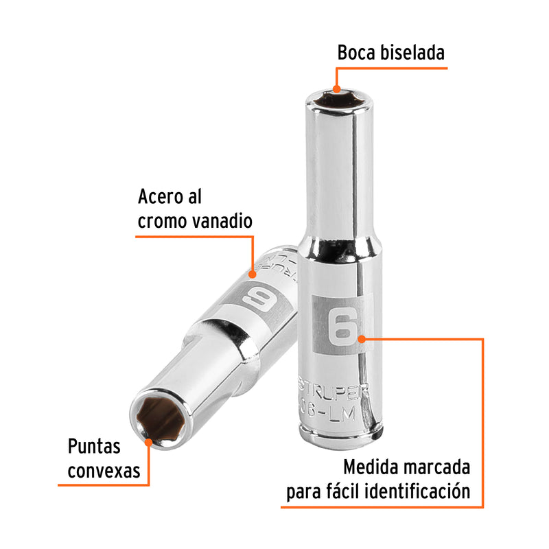 Dado de 6 puntas, largo, cuadro 1/4" milimétrico de 6mm
