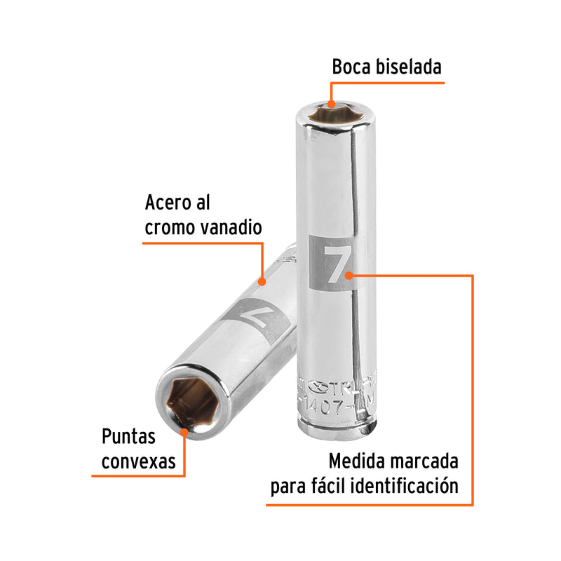 Dado de 6 puntas, largo, cuadro 1/4" de 7mm