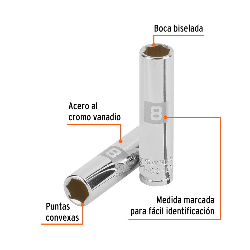 Dado de 6 puntas, largo, cuadro 1/4" de 8mm