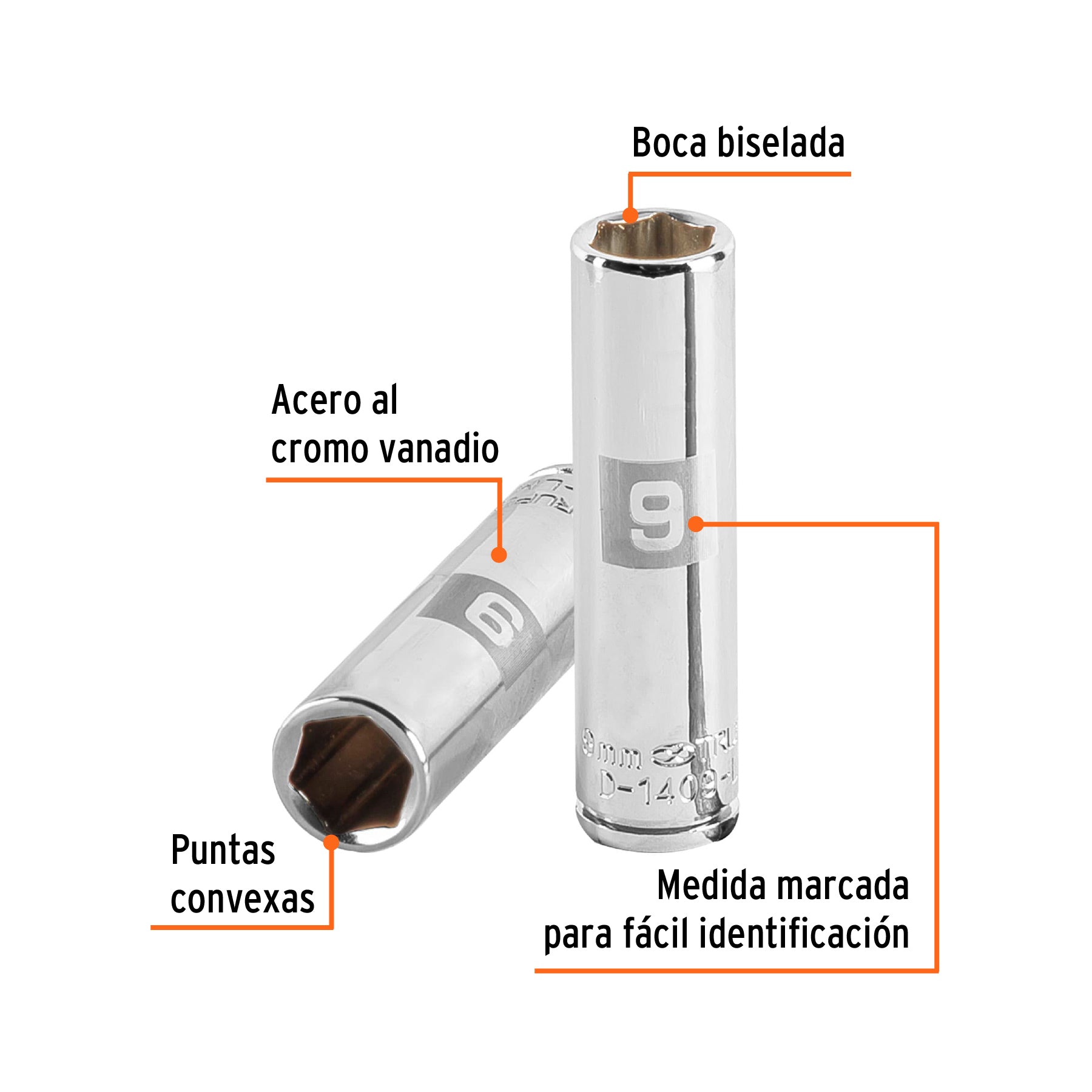 Dado de 6 puntas, largo, cuadro 1/4" de 9mm
