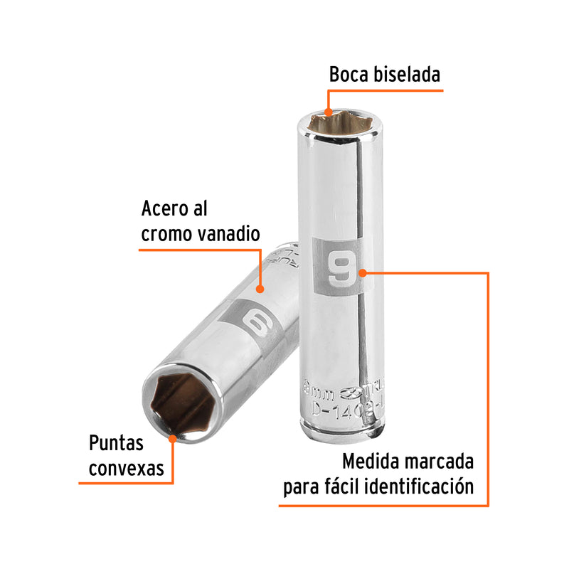 Dado de 6 puntas, largo, cuadro 1/4" de 9mm
