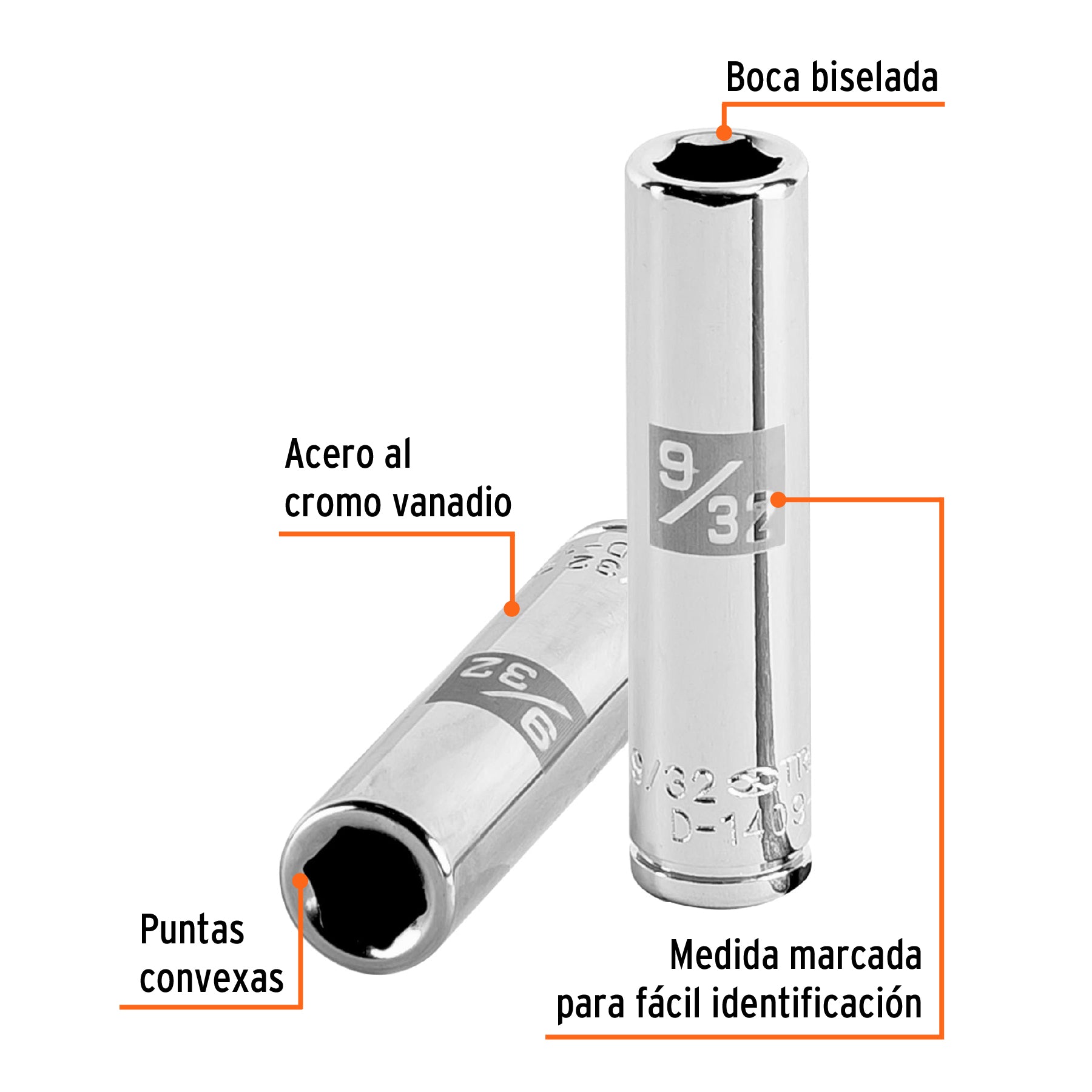 Dado de 6 puntas, largo, cuadro 1/4" de 9/32"