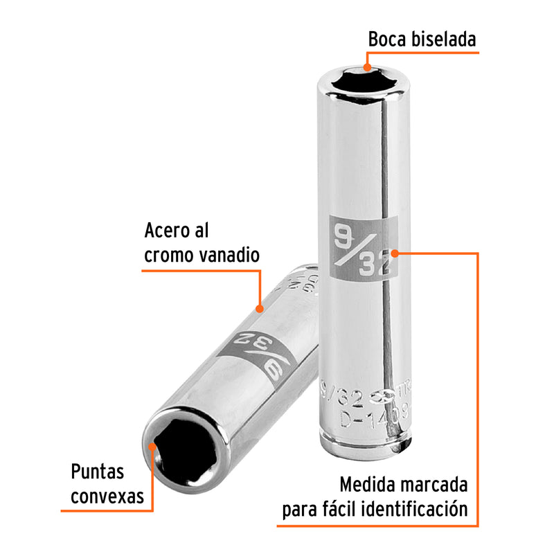 Dado de 6 puntas, largo, cuadro 1/4" de 9/32"