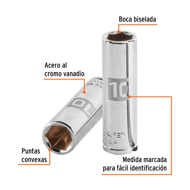 Dado de 6 puntas, largo, cuadro 1/4" de 10mm
