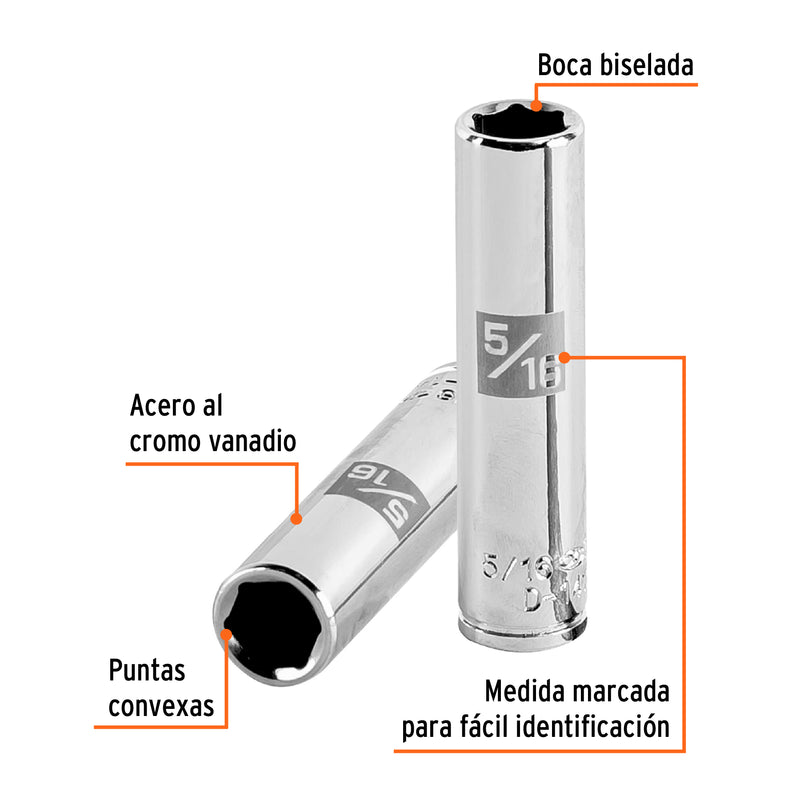 Dado de 6 puntas, largo, cuadro 1/4" de 5/16"