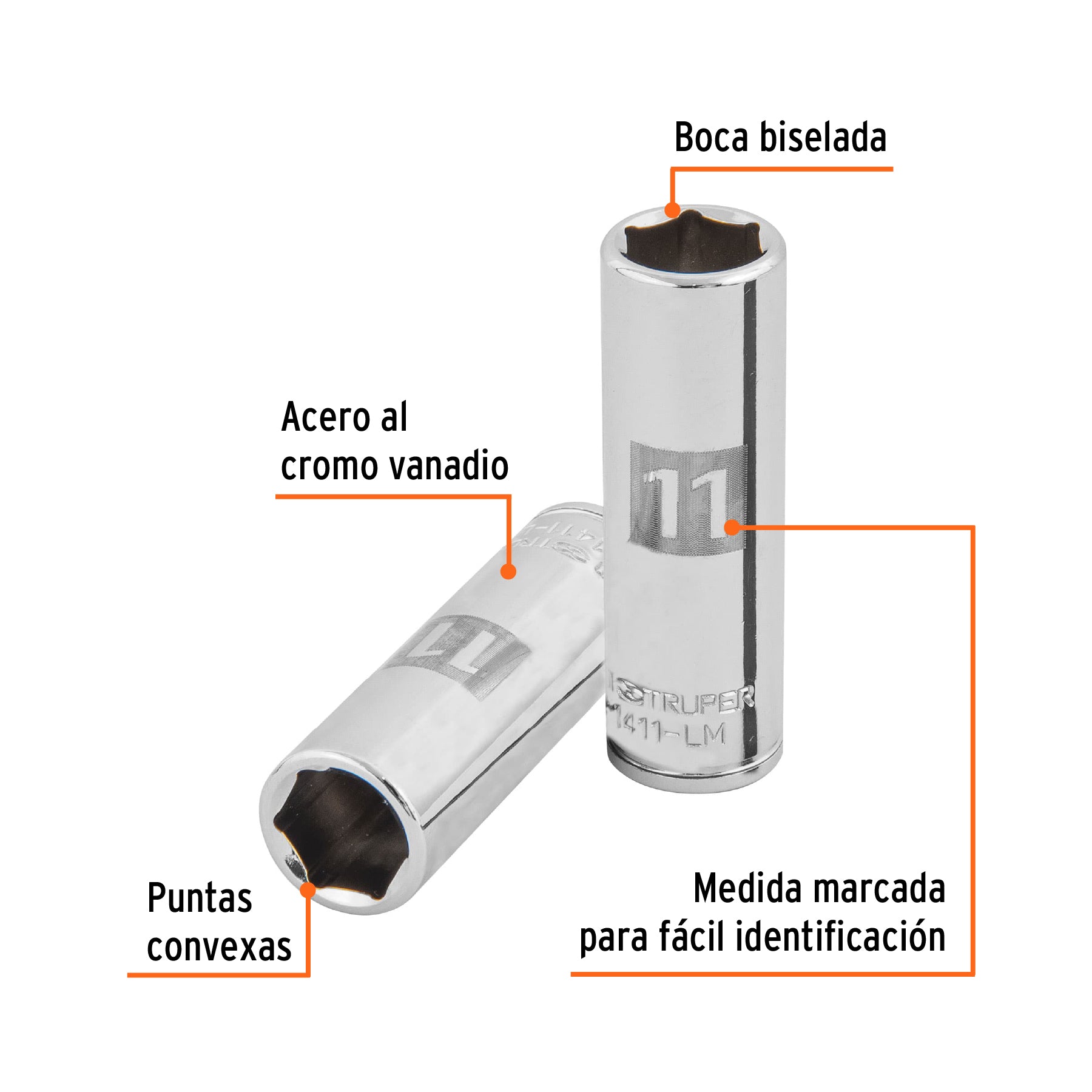 Dado de 6 puntas, largo, cuadro 1/4" de 11mm