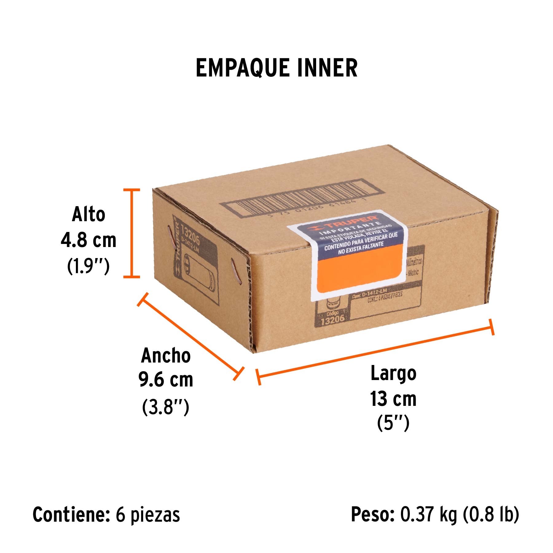 Dado de 6 puntas, largo, cuadro 1/4" de 12mm